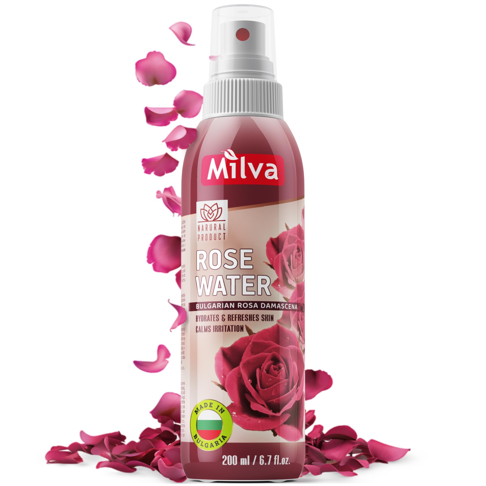 Milva Rose Water Facial Mist with Bulgarian Rose Oil - Alcohol-Free Hydrating Toner & Makeup Remover - Pure Rosewater Spray for Face, Hair & Body Care (200ml) - Perfect for Dry Skin Refreshment & Post-Workout Hydration