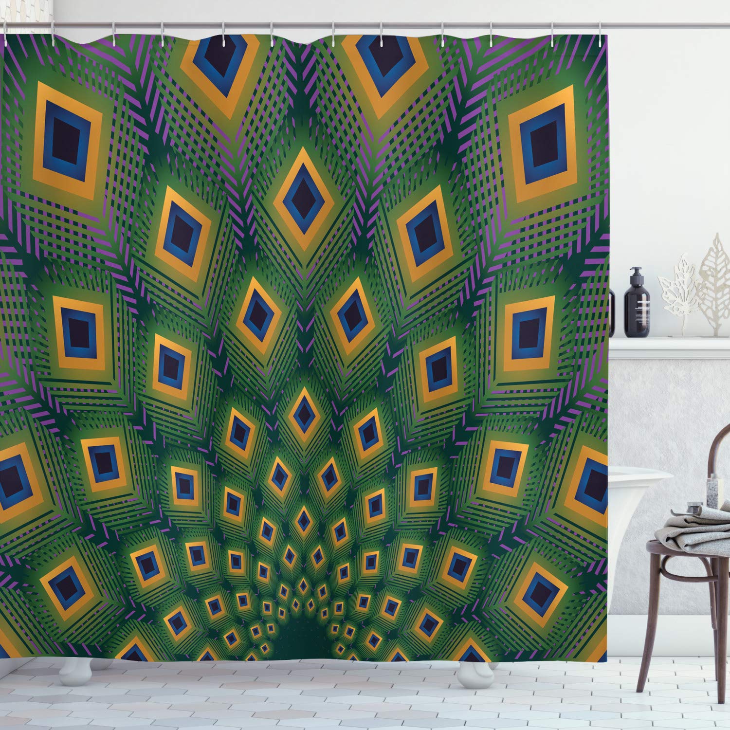 Ambesonne Peacock Shower Curtain - Modern Abstract Geometric Design with Feather Motif, 69x84 Inch Waterproof Fabric Bathroom Decor Set with Hooks - Forest Green & Multicolor for Elegant Bathroom Upgrade