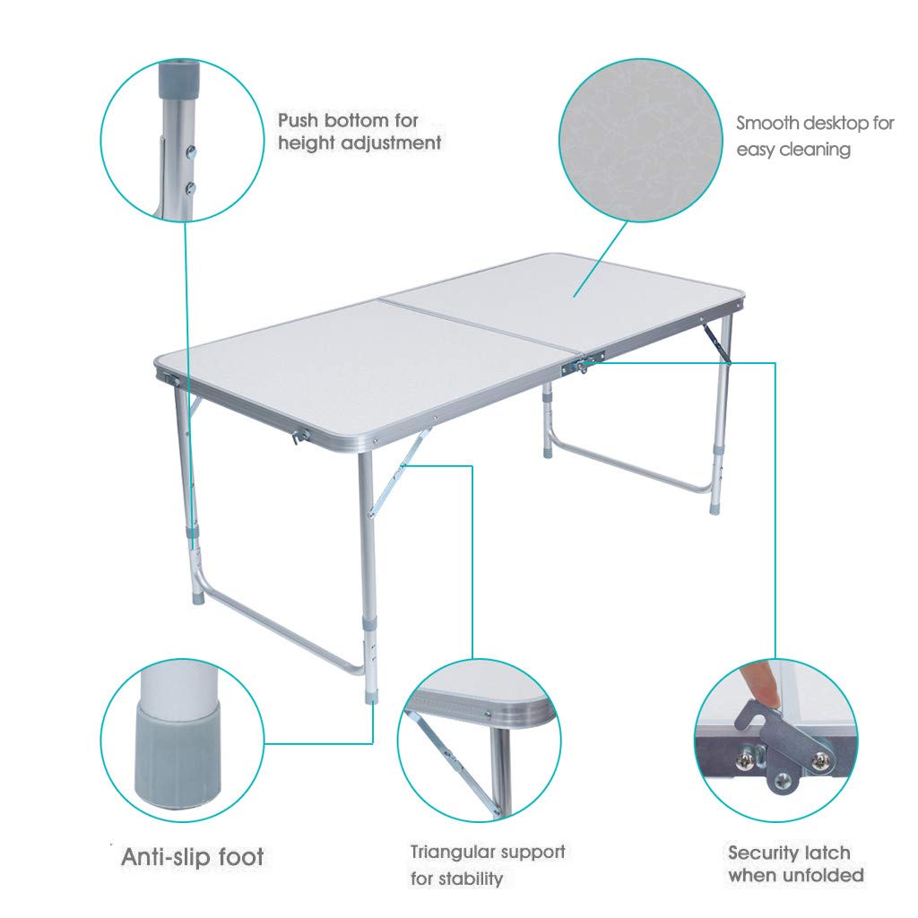 GONGting 4 Foot Aluminum Folding Table with 4 Metal Stools - Adjustable Height Portable Camping Table and Chairs Set, Lightweight & Sturdy for Outdoor Picnics, BBQs, Beach Parties, and Tailgating (Center Folding Design, No Umbrella Hole)