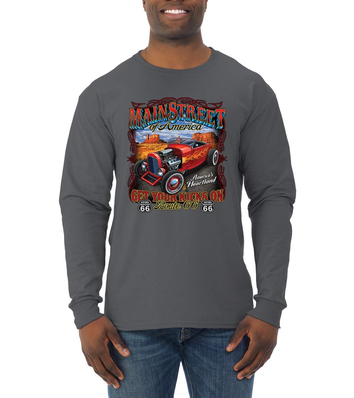 Vintage Route 66 Hot Rod Cars & Trucks Men's Long Sleeve T-Shirt - Classic American Road Trip Style for Motorcycle Riders & Car Enthusiasts