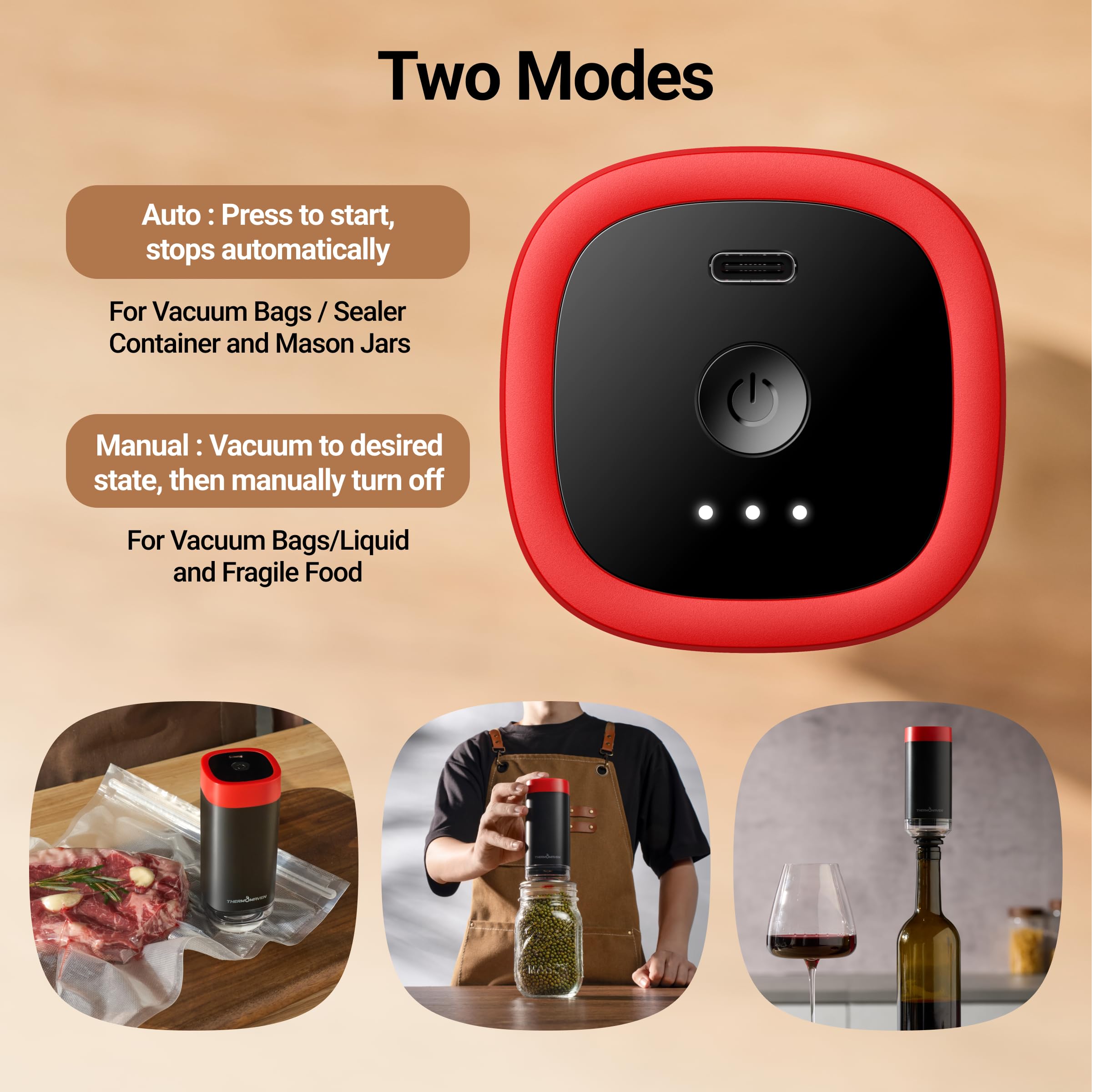 4-in-1 Automatic Vacuum Sealer Kit for Mason Jars, Food Containers & Wine Bottles - Patented Mason Jar Vacuum Sealer with 10 Auto Pressure Release, Reusable Lids (Black & Red) - Perfect for Food Storage, Meal Prep & Preserving Freshness