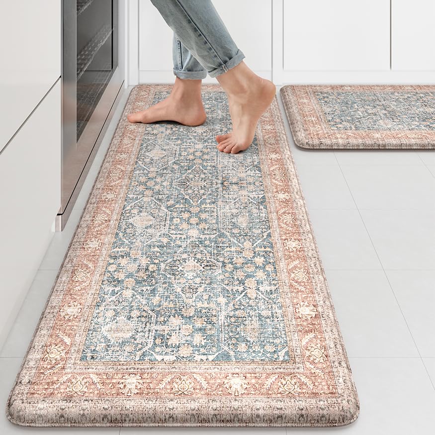 KIMODE Anti-Fatigue Kitchen Mats Set of 2 - Non-Slip Waterproof Vintage Farmhouse Floor Rugs with Cushioned Comfort for Standing - Perfect for Kitchen Sink, Laundry Room, Office & Workstations (Orange/Blue)