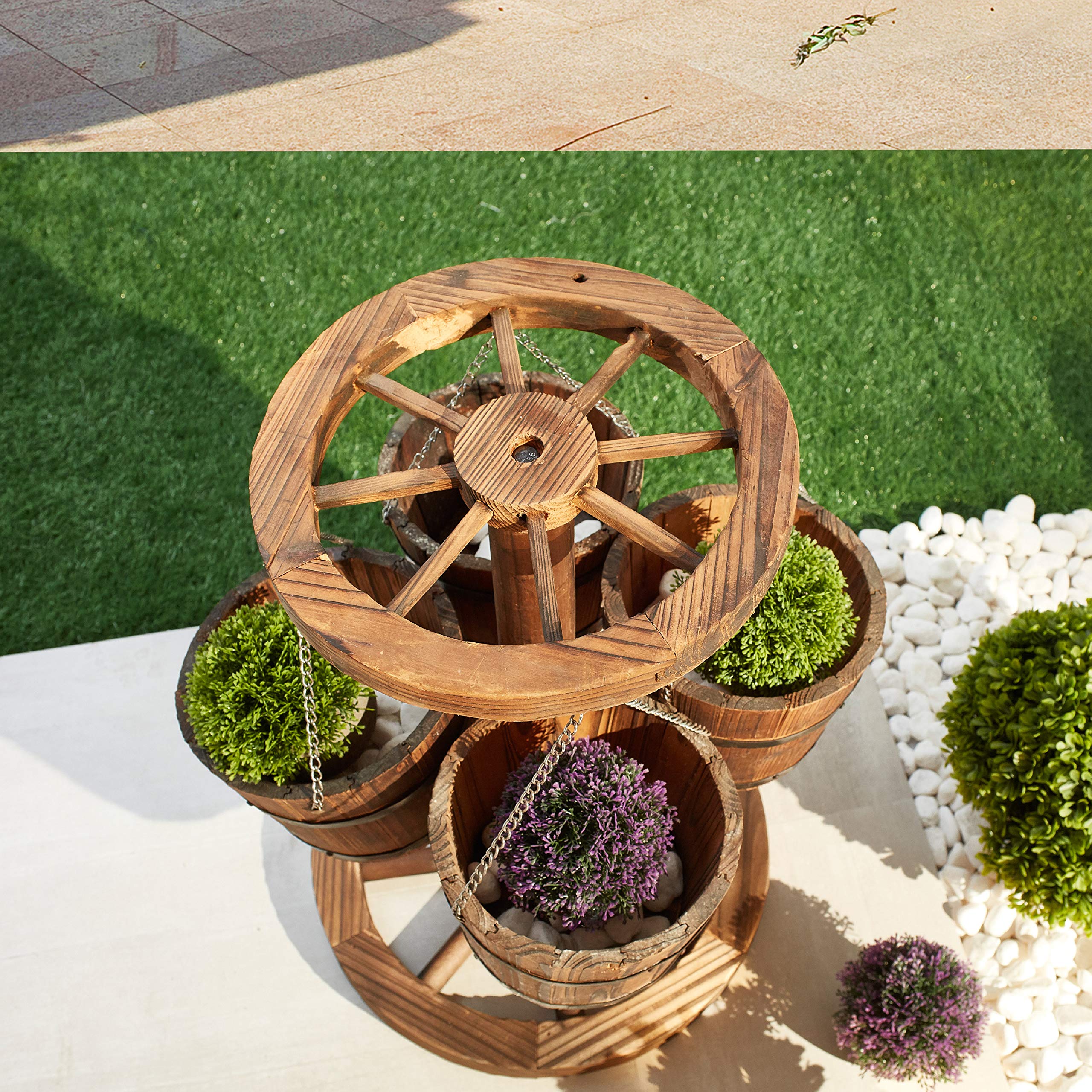 LOKATSE HOME Rustic Wooden Wagon Barrel Wheel Planter with Buckets - Outdoor Garden Decor for Patio, Yard, and Porch - Perfect for Flowers, Plants, and Herbs