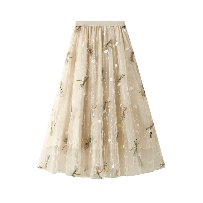 3D Embroidered Dragonfly Mesh Skirt - French High Waist A-Line Skirt for Women | Elegant Summer Party Dress for Weddings, Dates & Special Occasions