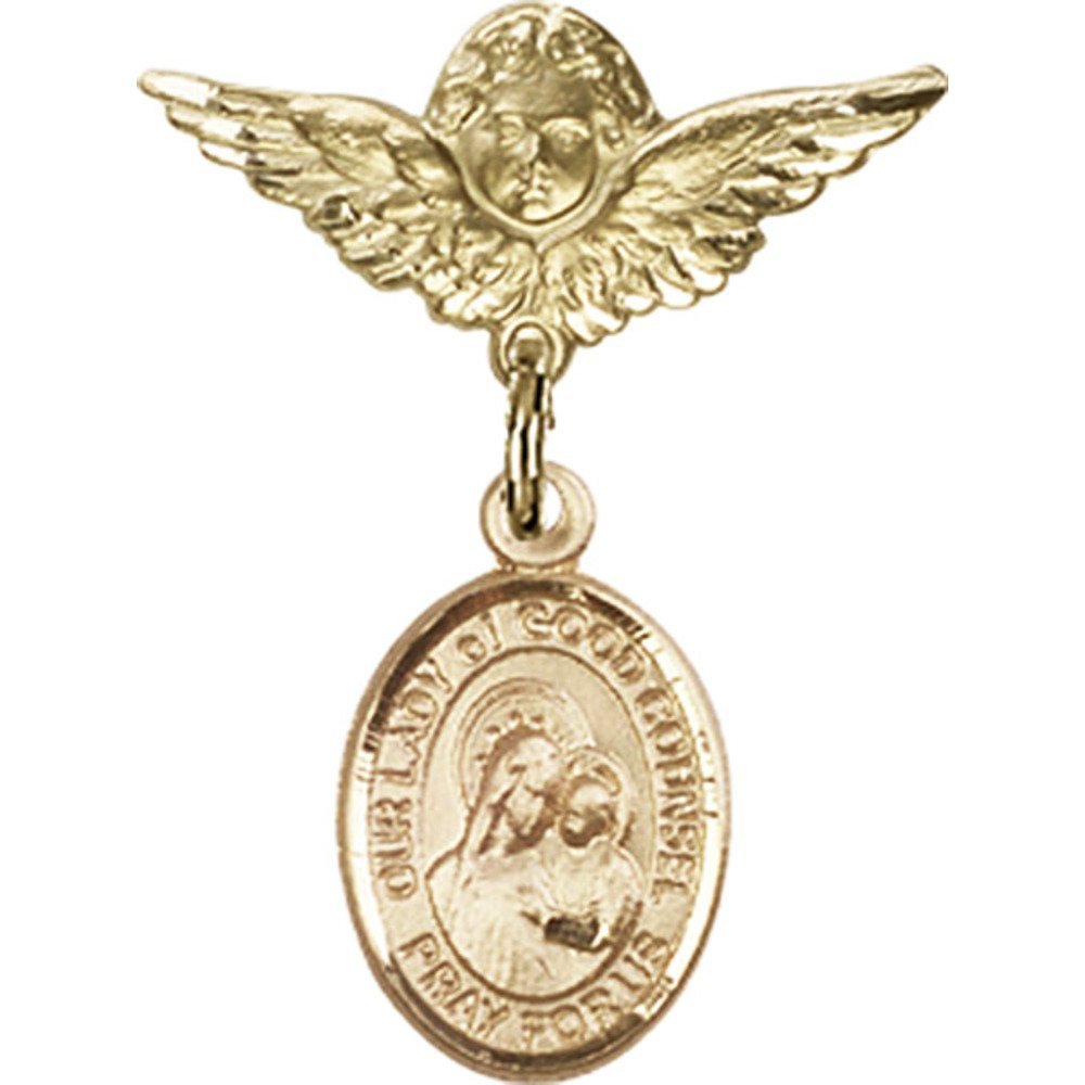 Gold Filled Baby Badge Pin with Our Lady of Good Counsel Charm & Angel Wing - 1 X 3/4 Inch - Religious Jewelry for Baptism, First Communion & Baby Blessing Gifts