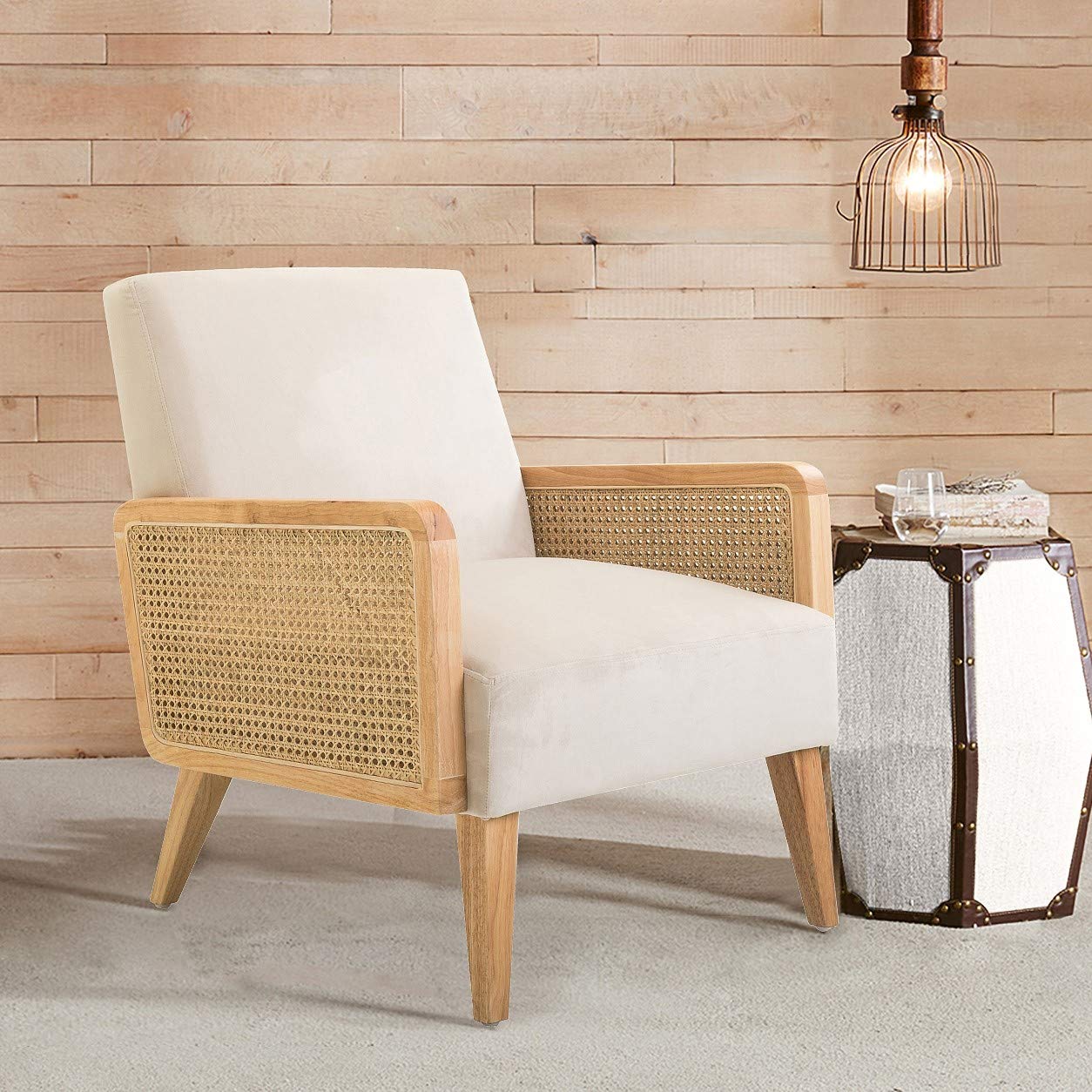 Mid Century Modern Accent Chair with Rattan Armrest & Wood Legs - Comfy Upholstered Lounge Armchair for Living Room, Bedroom, Reading Nook - Beige Home Decor | Perfect for Hosting Guests & Relaxing