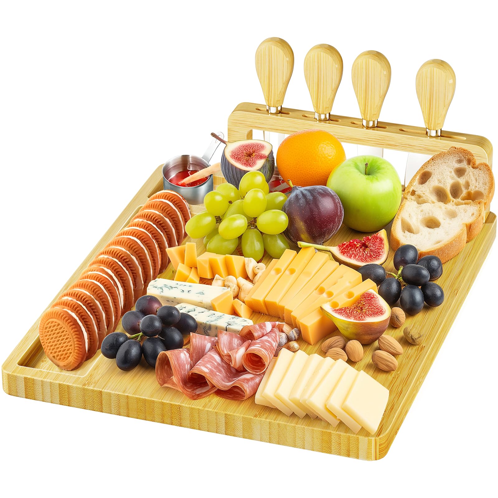 Premium Bamboo Cheese Board Set - Charcuterie Serving Tray with Knives & Stand | Elegant Wooden Platter for Wine Pairing, Entertaining, Weddings & Housewarming Gifts | Perfect for Charcuterie Nights, Dinner Parties & Holiday Gatherings