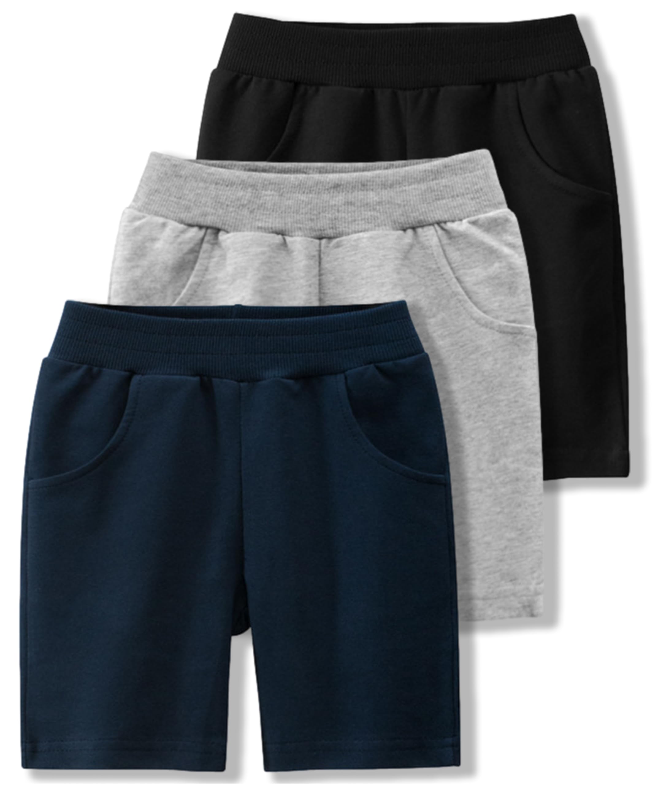 GFQLONG Toddler Boys 3-Pack Cotton Sport Jogger Shorts - Breathable Summer Active Short Pants for Kids - Perfect for Playtime, Sports & Outdoor Activities