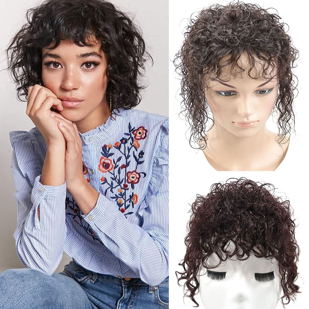 Natural Black Human Hair Topper for Women - 100% Real Clip-in Curly Hair Extension with Bangs (40cm) | Perfect for Thinning Hair, Alopecia & Everyday Styling