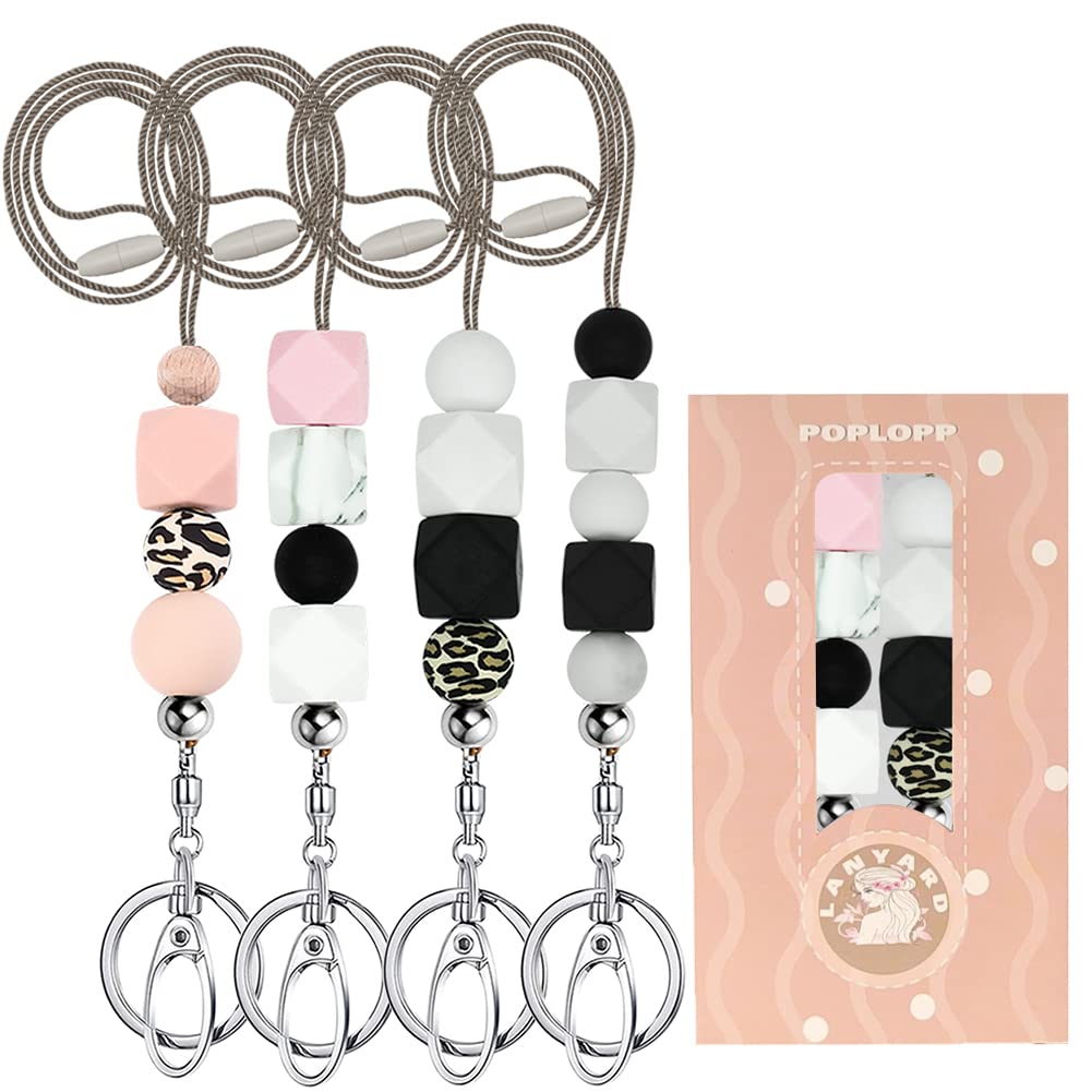 POPLOPP 4PCS Teacher Lanyards for ID Badges & Keys - Cute Silicone Beaded Lanyard for Women, Nurses, Employees & Students - Perfect for School, Hospital, Office & Work ID Cards