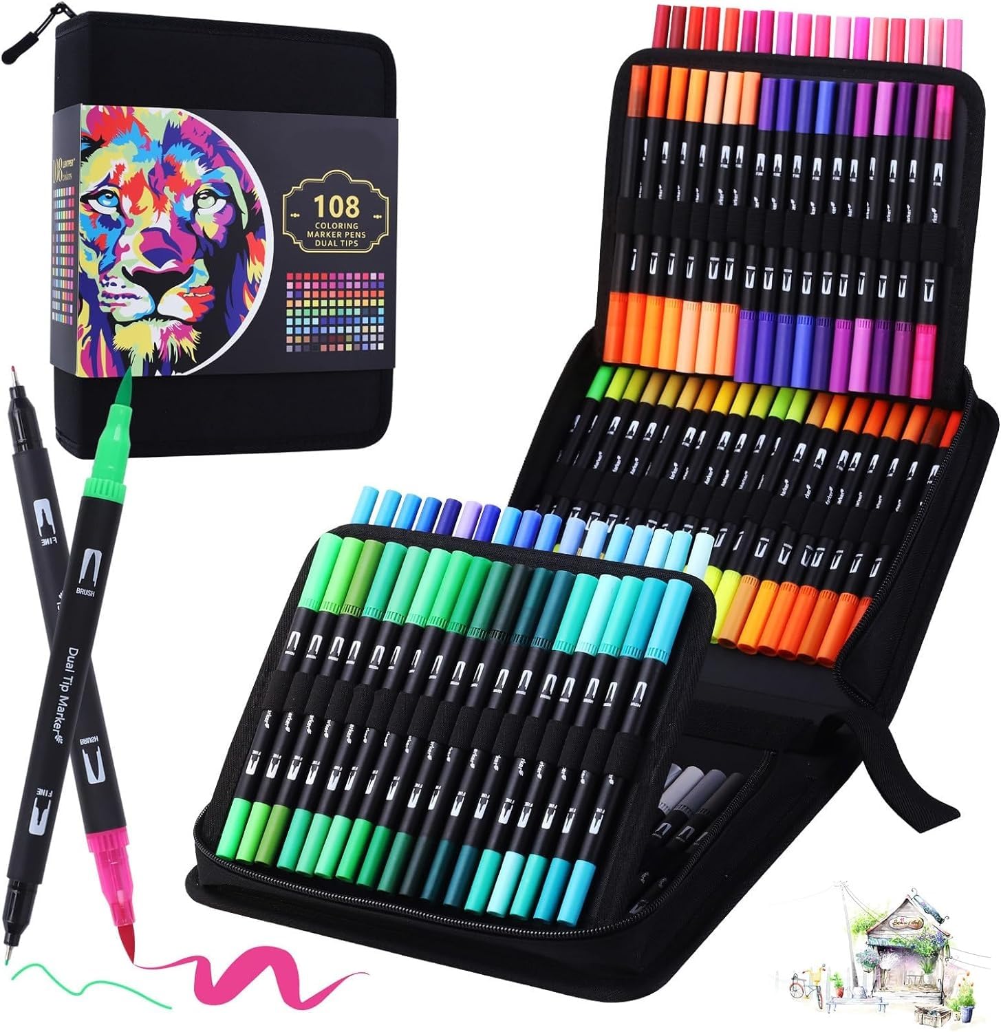 BEMAYSZ 108 Dual Tip Coloring Markers - Brush & Felt Tip Pens for Adult Coloring Books, Calligraphy, Drawing, Painting, Sketching & Highlighting - Perfect for Artists, Students & DIY Craft Projects