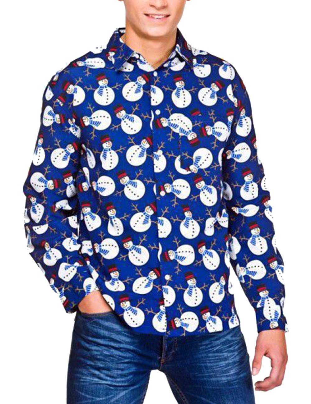 Men's Long Sleeve Christmas Santa Snowman Festive Button Down Shirt - Holiday Party Dress Shirt with Lapel Neck for Xmas, Office Parties & Family Gatherings