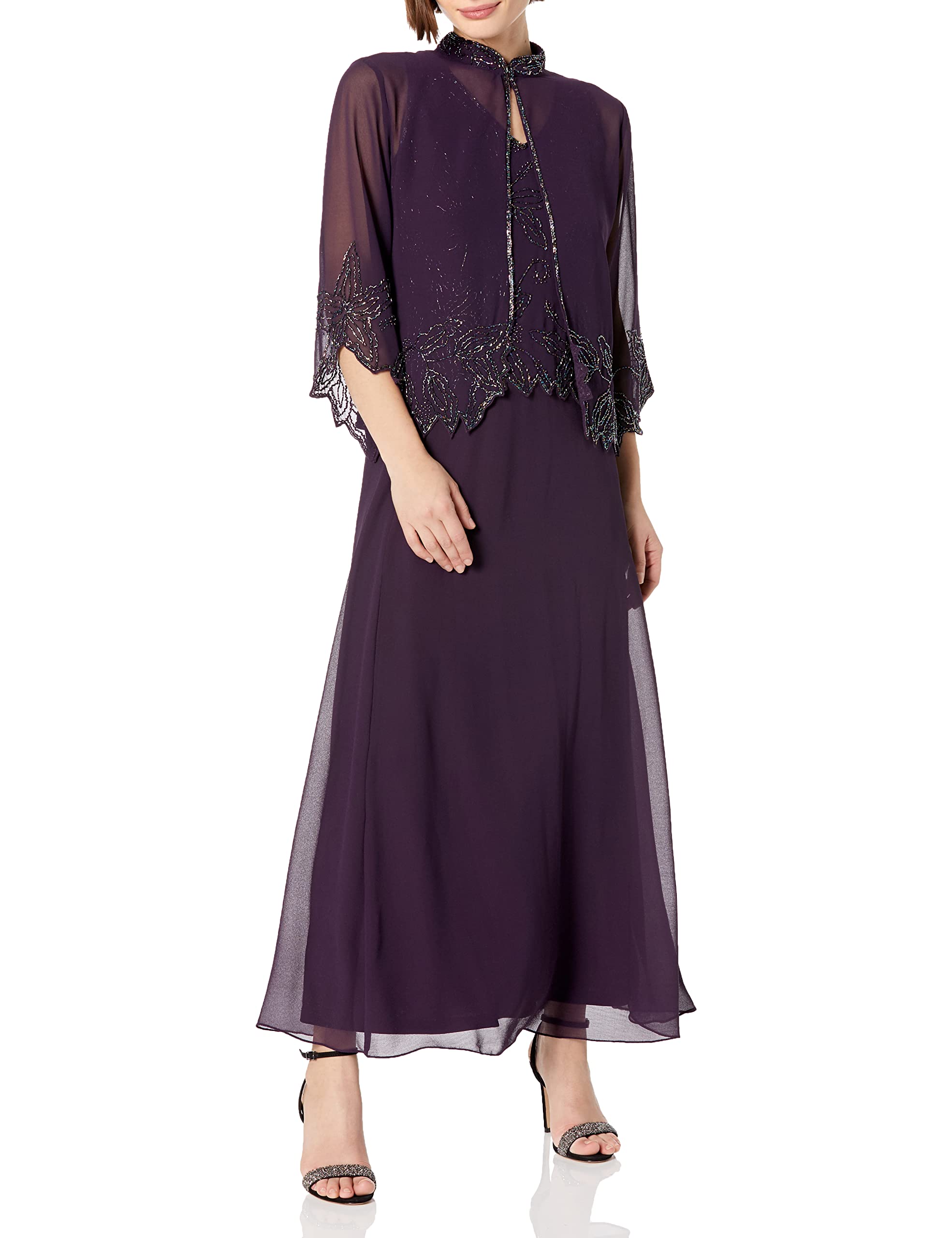 J Kara Women's Petite Beaded Long Jacket Dress - Elegant Formal Wear for Evening Parties, Weddings & Special Occasions
