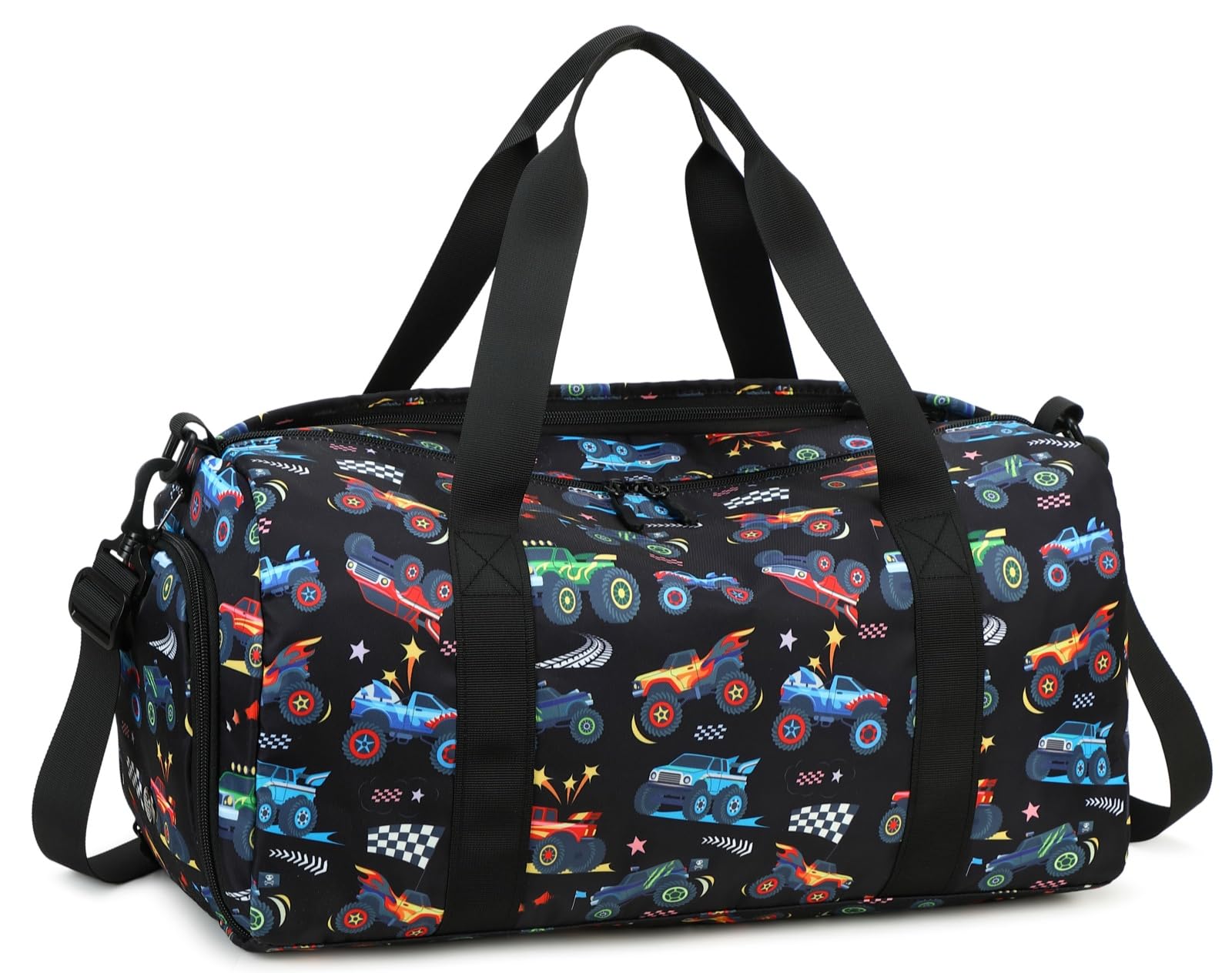 BTOOP Kids Overnight Duffle Bag for Boys - Soccer Sports Gym Bag with Shoe Compartment, Toddler Weekender Travel Backpack for Sleepovers, School & Sports (Truck-Black) - Perfect for Weekend Trips, Soccer Practice & Sleepover Parties