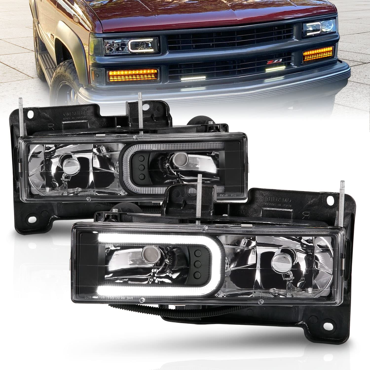 AmeriLite Full Size Blazer GMC Yukon C-Type Halogen/LED Headlight Bulb Replacement - Compatible with Chevy C/K Tahoe Suburban SUV - Black Housing Headlights for Night Driving & Off-Road Adventures
