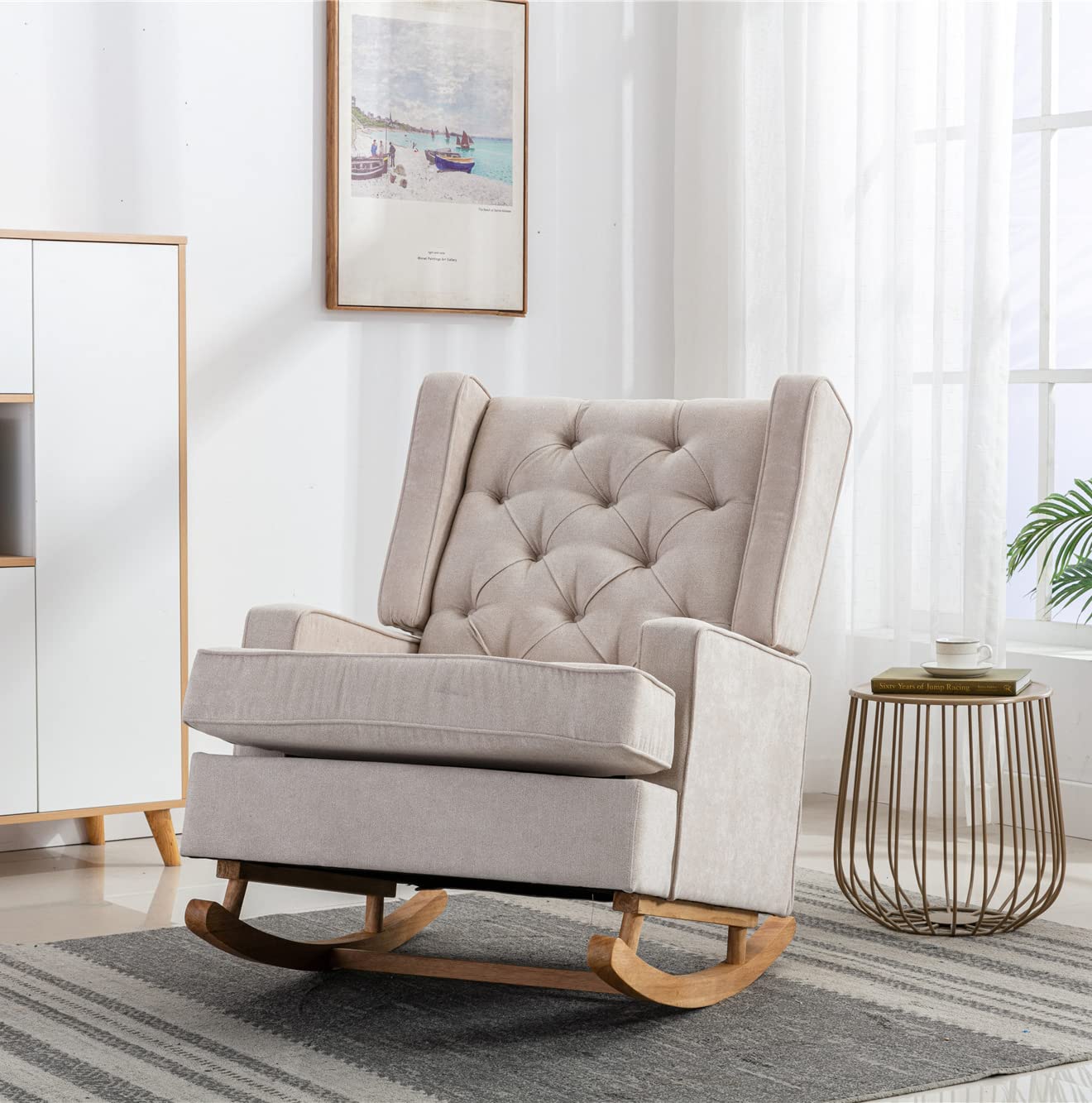 Comfortable Upholstered Rocking Chair for Living Room - Soft Polyester Linen Glider Armchair in Beige - Perfect for Nursery, Bedroom, or Relaxing Reading Corner