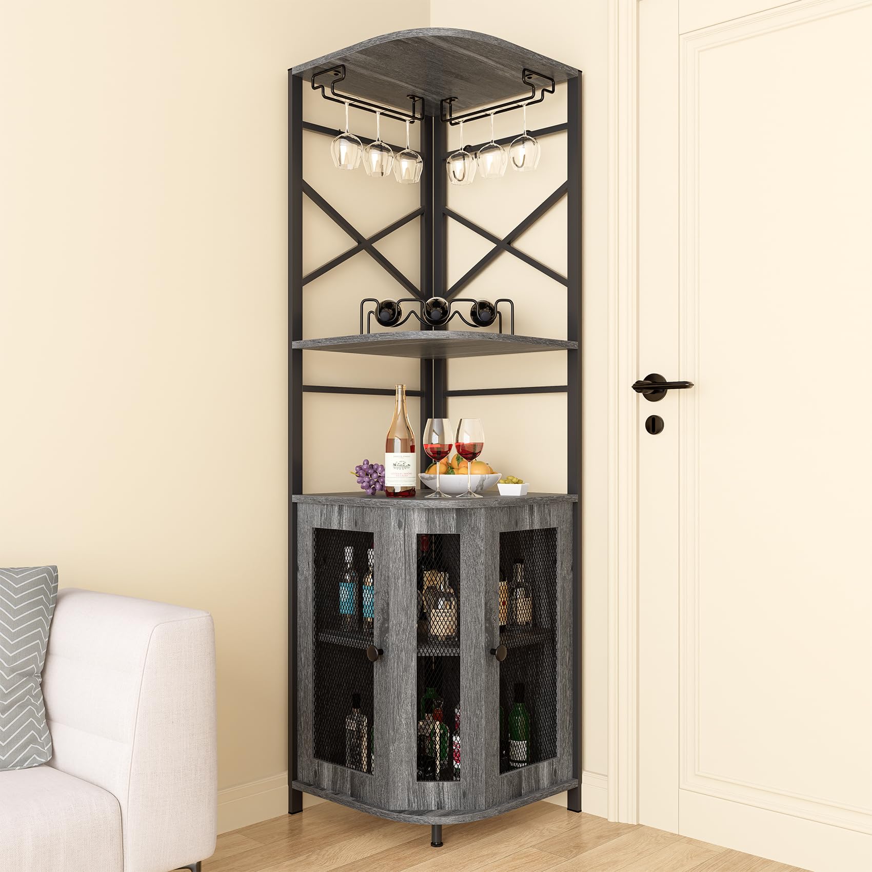 Modern Grey Corner Bar Cabinet with Wine Rack, Glass Holder & Adjustable Shelves - Mesh Door Liquor Storage Cabinet for Home Bar, Dining Room or Entertainment Area