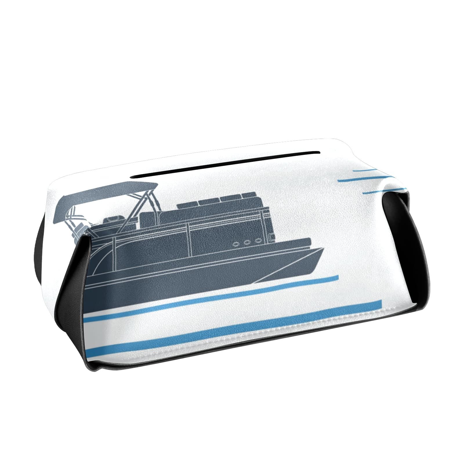 Editable Side View Flat Style Pontoon Boat Leather Tissue Box Cover - 5.7x5.7x5.7 Inch White Rectangle with Handle for Bathroom, Home, Nightstand, Vanity, Office Desk & Car - Perfect for Coastal Decor, Nautical Themed Rooms & Marine Enthusiasts