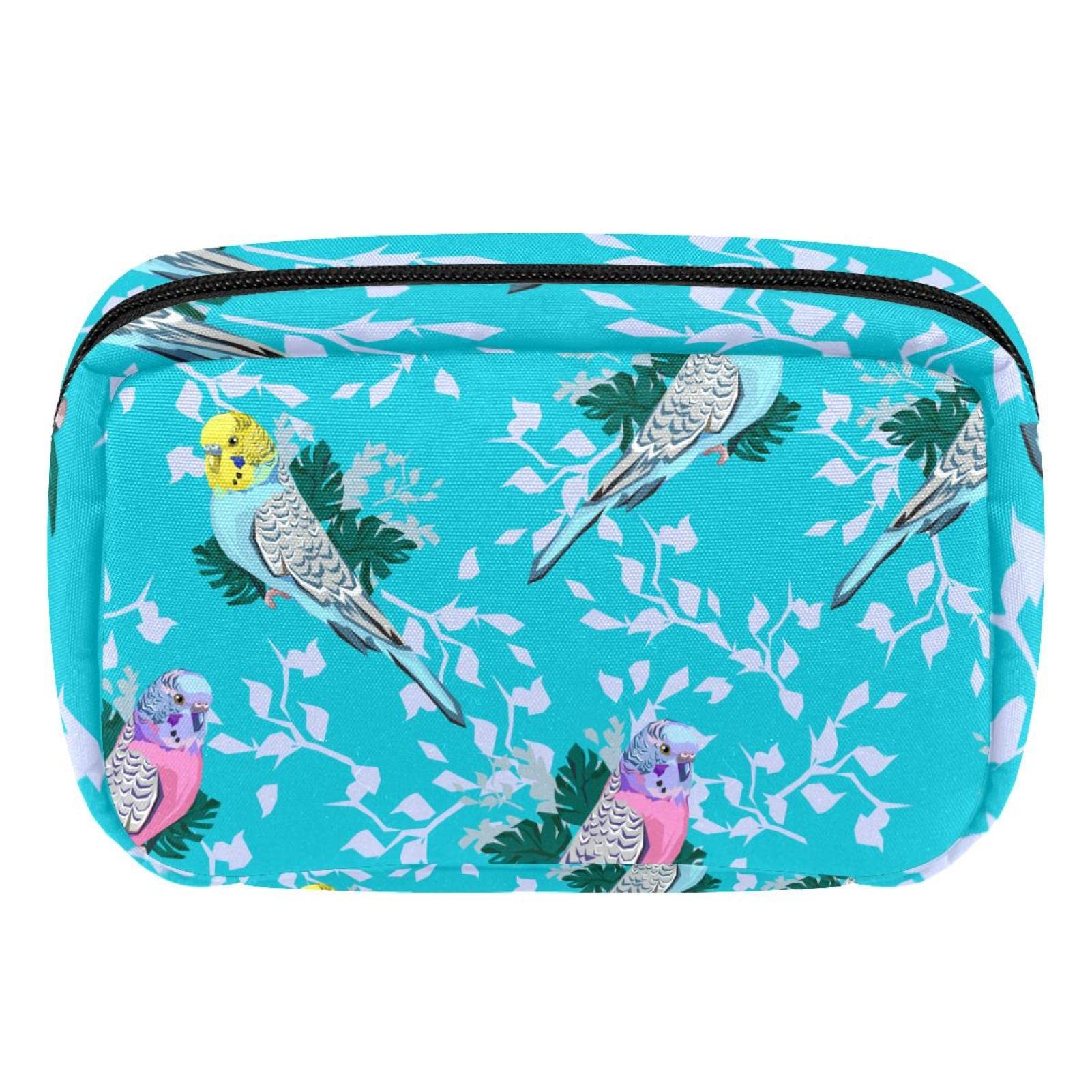 Rosy Yellow Parrots Budgie Leaves Blue Travel Toiletry Bag - Small Cosmetic Makeup Pouch & Brush Organizer for Women, Perfect for Travel, Gym, and Daily Storage