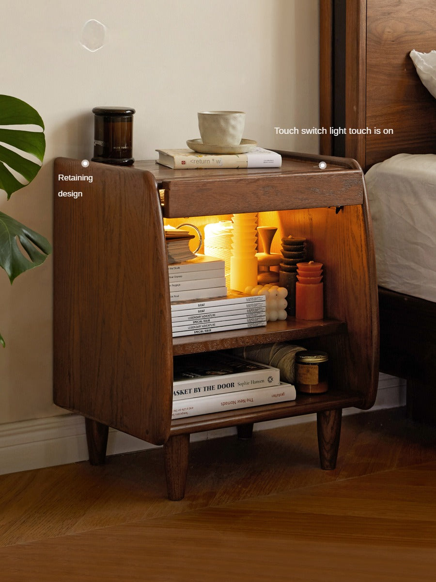 Solid Oak Wood Nightstand with Rattan Accents - Stylish Bedside Table for Bedroom Decor, Living Room, or Guest Room
