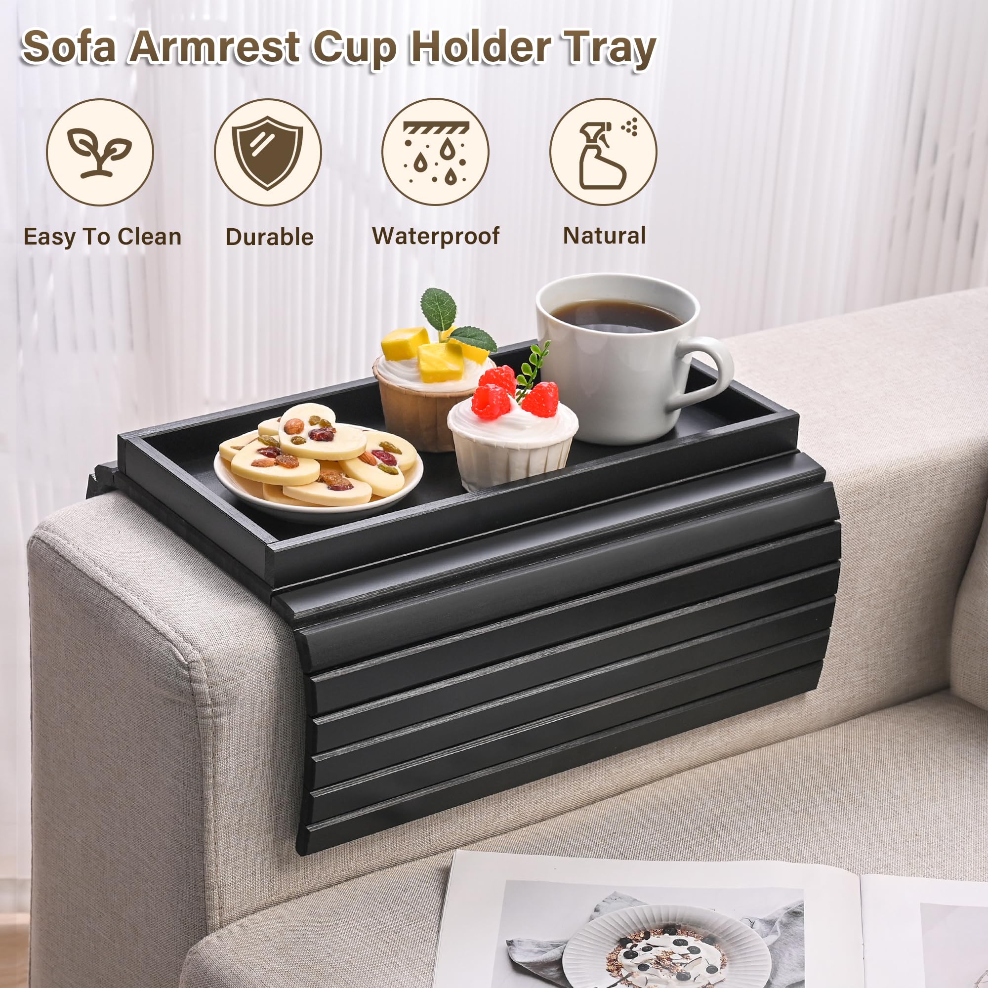Foldable Bamboo Sofa Arm Tray with Anti-Slip Pad - Couch Armrest Table for Eating, Drinking, Snacks, Remote Control & Phone - Perfect for Living Room, Bedroom, Office & Home Theater Use