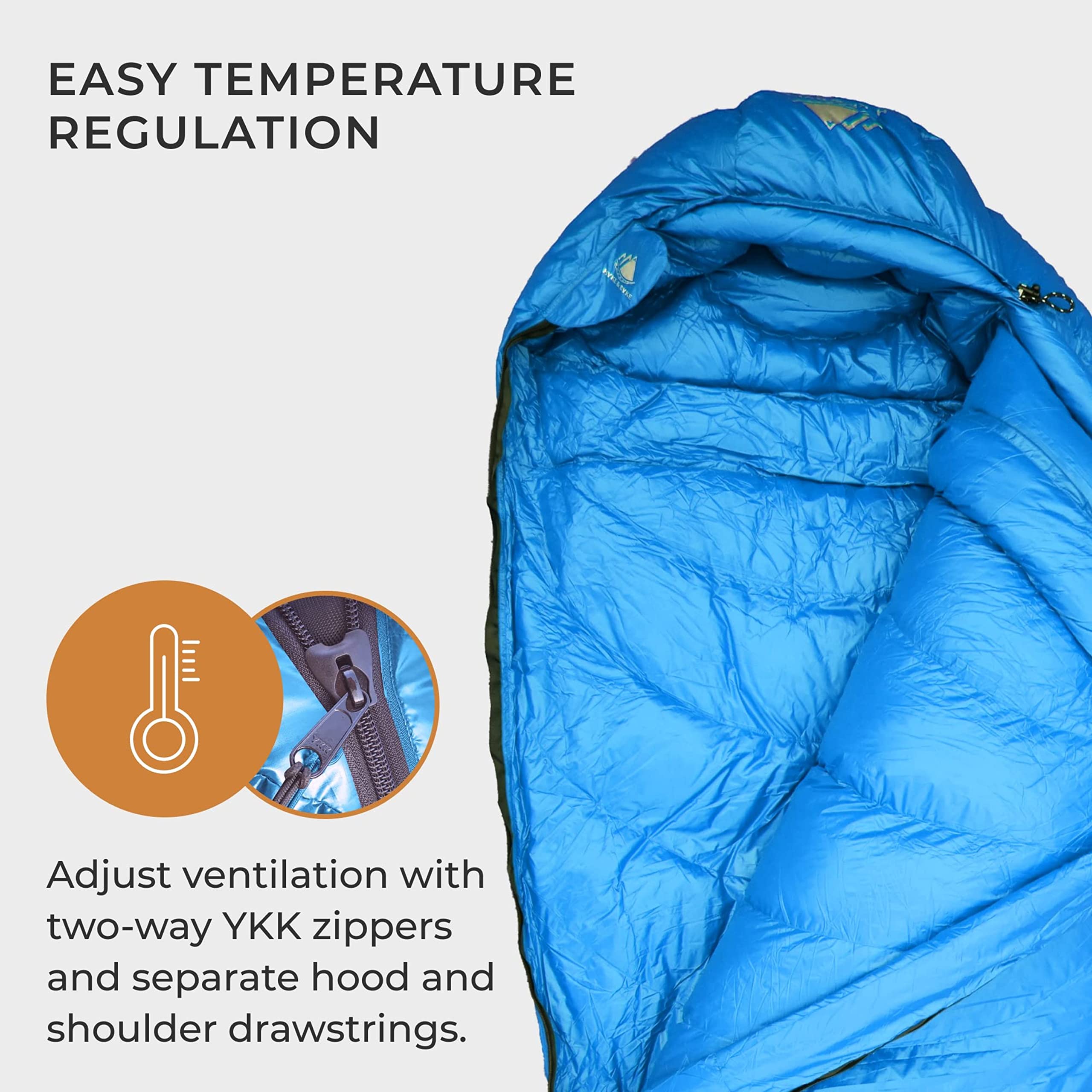 Hyke & Byke Quandary 15°F Cold Weather Mummy Sleeping Bag - 650 FP Duck Down, Ultralight 3-Season Backpacking & Hiking Sleeping Bag for Adults - Includes Compression Stuff Sack - Perfect for Camping, Mountaineering & Outdoor Adventures