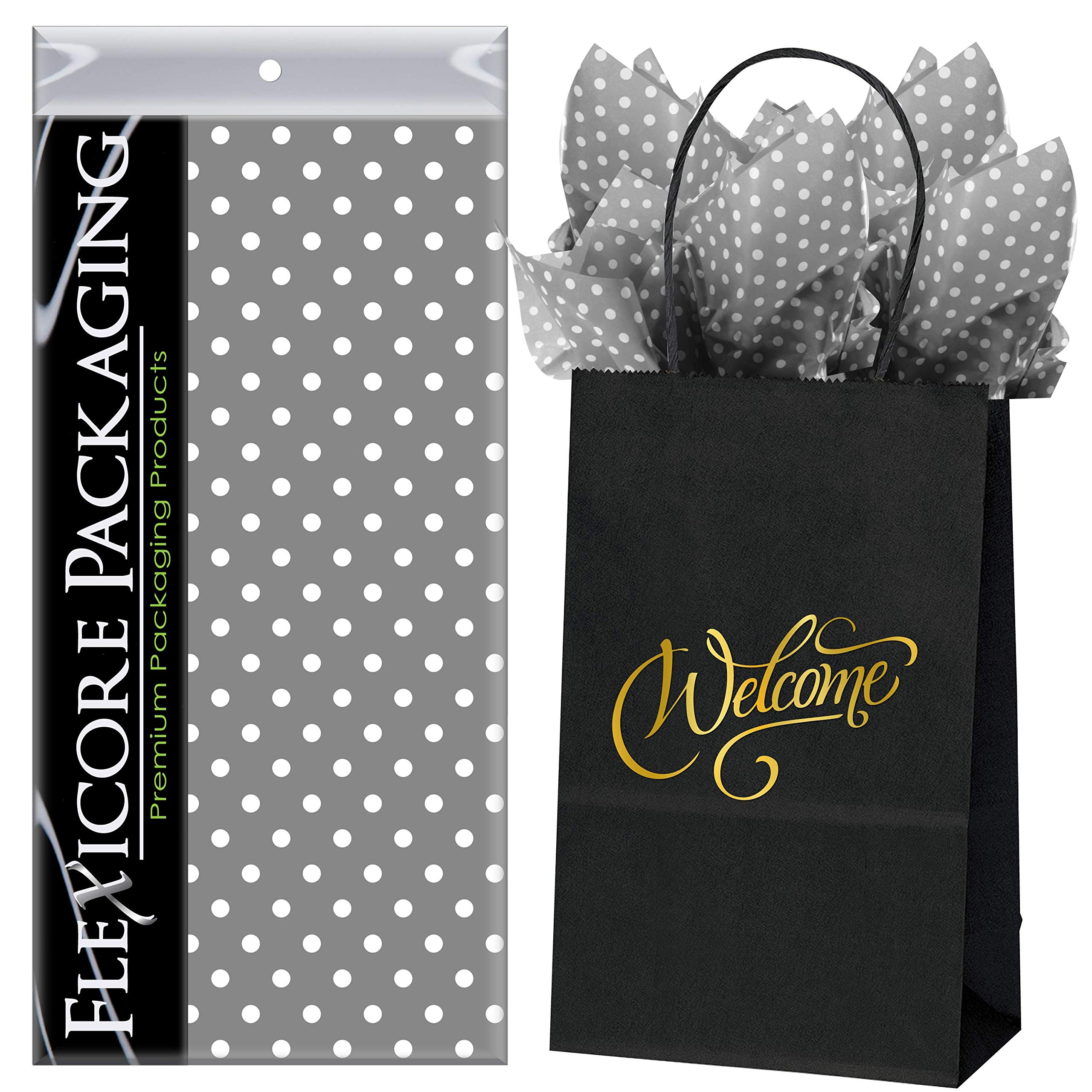 Premium Black Kraft Paper Gift Bags with Gray Polka Dot Tissue Paper - 5.25