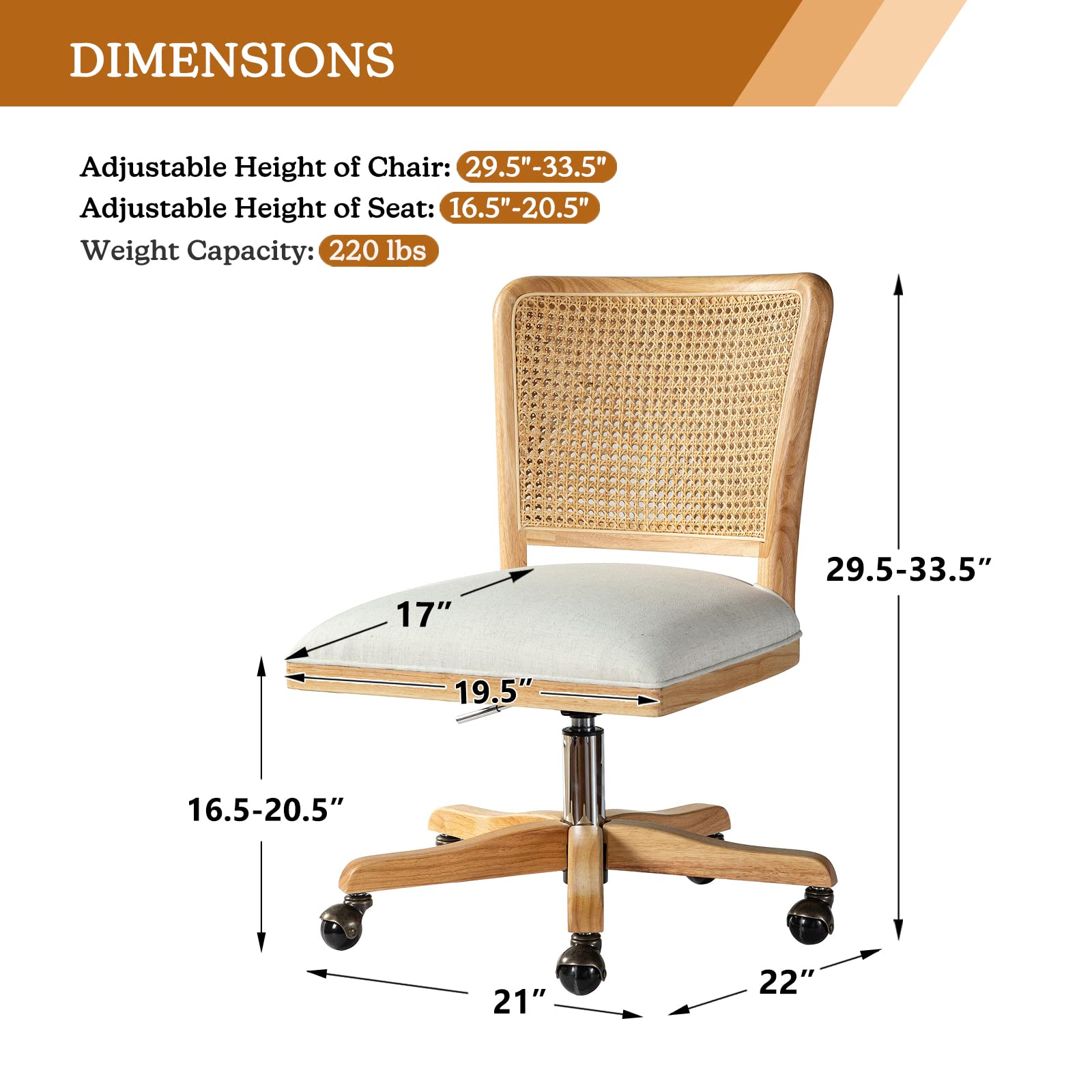 Ergonomic Modern Home Office Chair - Adjustable Swivel Rolling Desk Chair with Linen Upholstery & Rattan Mid-Back Support - Comfortable Armless Computer Chair for Small Spaces, Study Rooms & Workstations