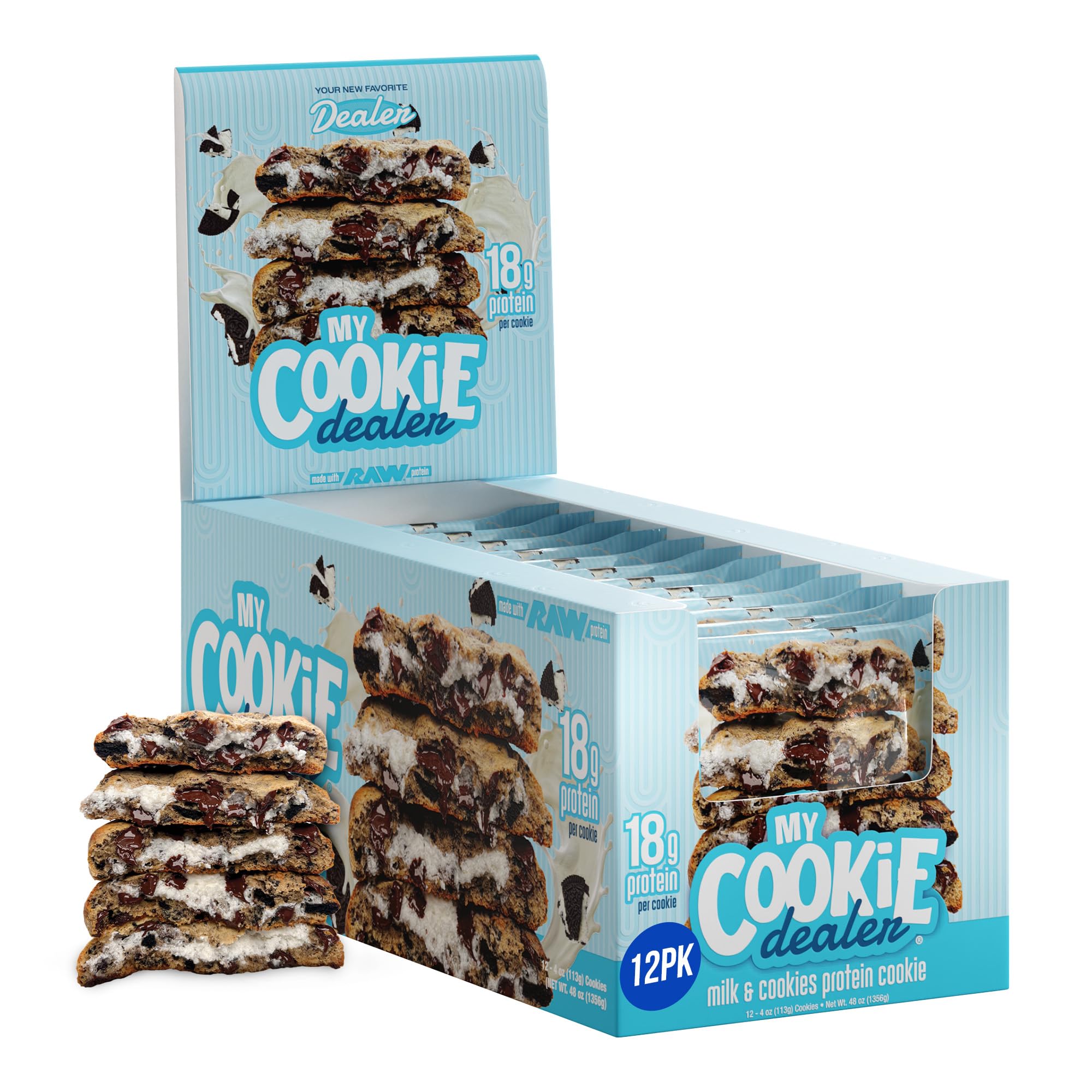 My Cookie Dealer Protein Cookies - Milk & Cookies Flavor (12-Pack, 4oz Each) - 18g Protein per Cookie with RAW Nutrition Protein - Individually Wrapped for Gym, Hiking & Travel Snacks