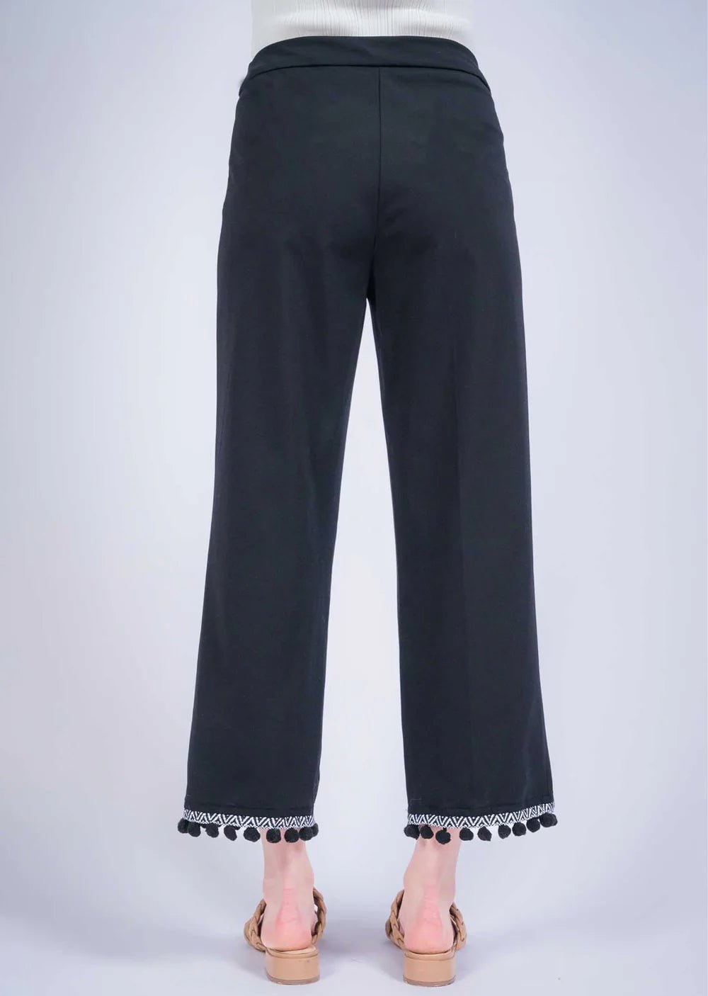 Kathryne Black Wide Leg Pom Pom Pants for Women - Stylish Boho Palazzo Trousers for Casual Wear, Office & Party Outfits