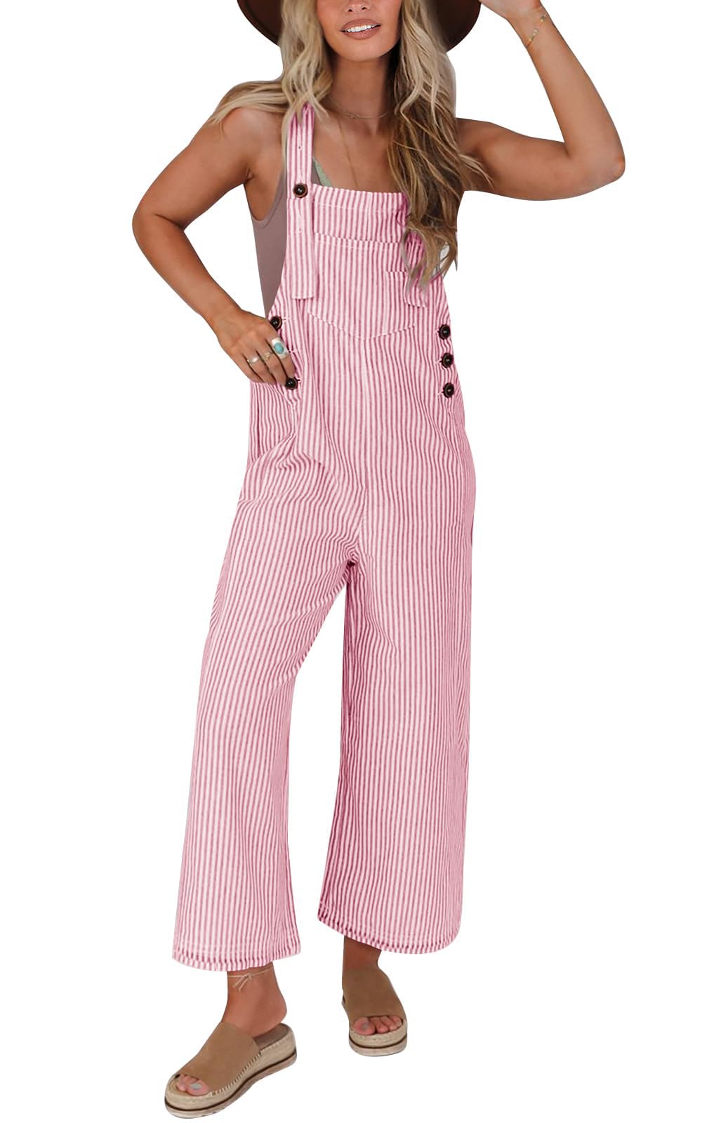 PRETTYGARDEN Women's Sleeveless Wide Leg Jumpsuit - 2025 Summer Casual Button Front Striped Romper | Trendy Outfit for Beach, Vacation & Everyday Wear