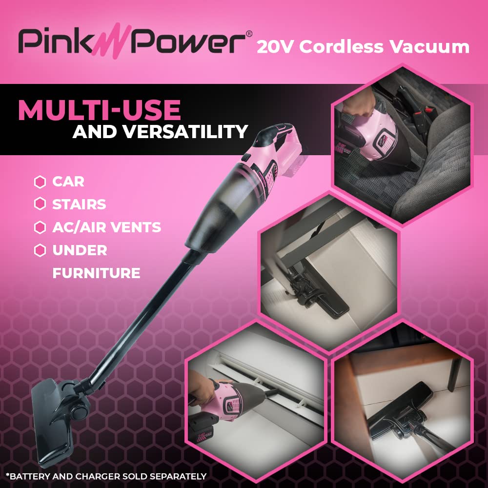 Pink Power Vacuum Cleaner - Cordless Handheld Vacuum (Tool Only, No Battery or Charger) - Perfect for Quick Cleanups, Car Detailing & Pet Hair Removal