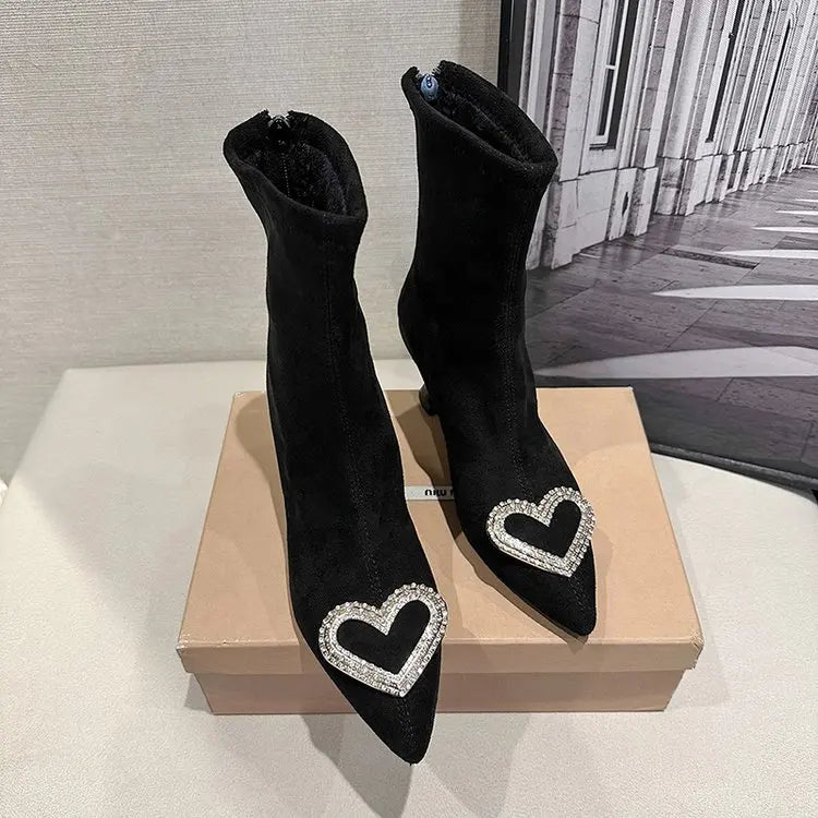 Stylish Women's Ankle Boots - Pointed Toe High Heel Rhinestone Flock Boots for Spring & Autumn | Fashionable Dress Shoes for Work, Party & Evening Out