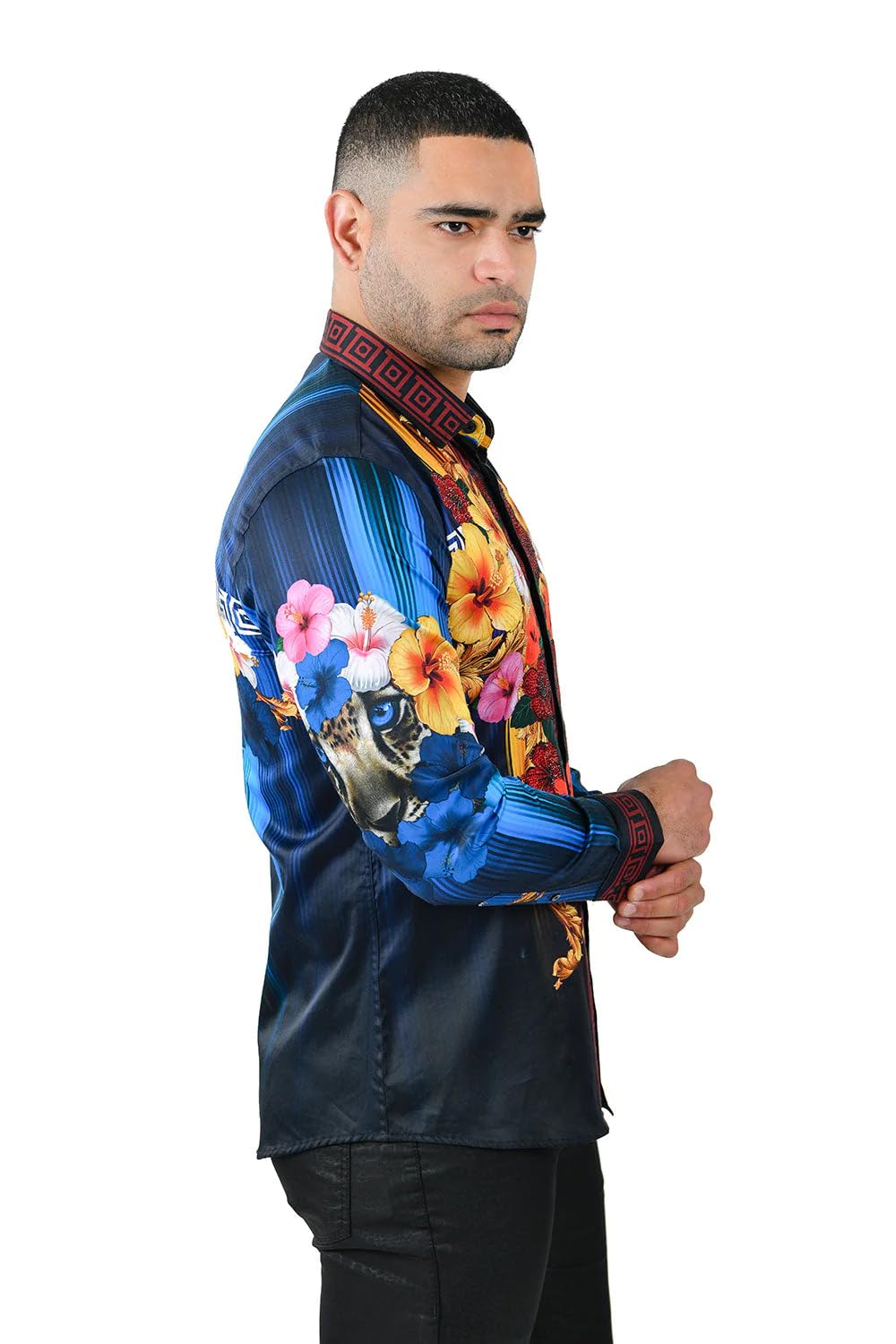 Barabas Men's Rhinestone Floral Tiger Greek Pattern Shirts - Stylish Casual Button Down Shirt for Party, Club & Night Out - SPR612