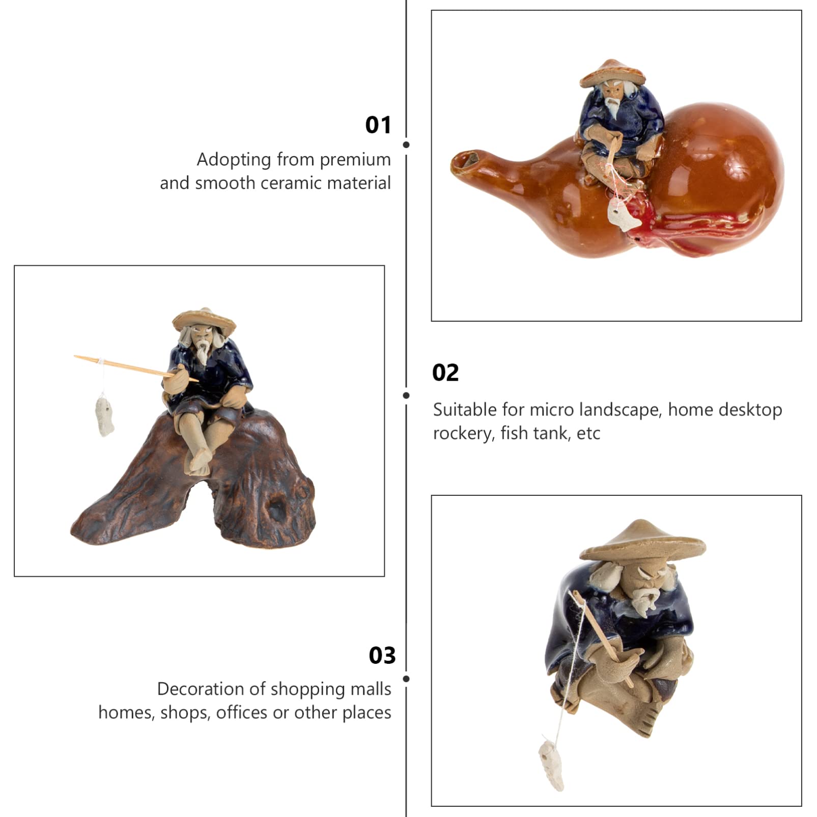 GANAZONO 3-Piece Chinese Bonsai Ornament Set - Ceramic Fisherman Figurines, Miniature Landscape Decor for Zen Gardens, Home Office Desk & Aquarium Scenery