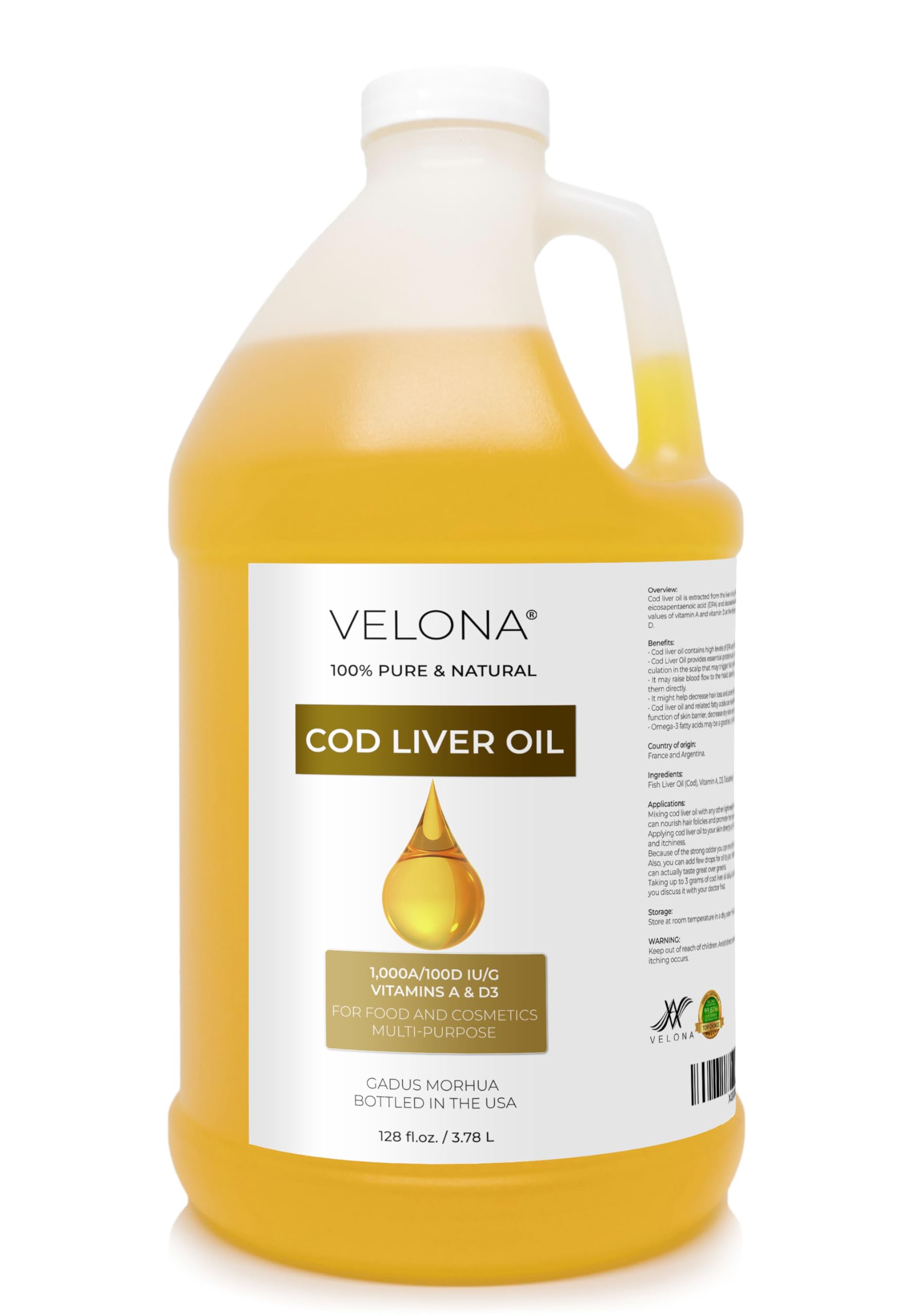 Velona Cod Liver Oil - 1 Gallon (128 Fl Oz) | High Potency Omega 3 with 1,000A/100D IU/g Vitamins A & D3 | Sustainably Sourced Norwegian Arctic Nordic Oil | Supports Hair, Skin & Joint Health | Perfect for Daily Wellness & Immune Support