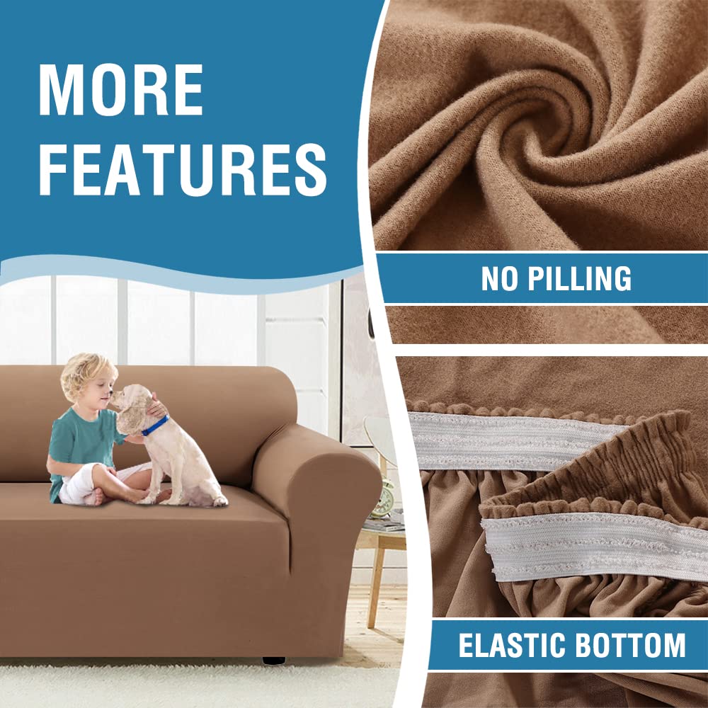 H.VERSAILTEX 2023 Stretch Loveseat Cover - 1-Piece Non-Slip Sofa Cover for 2 Cushion Couches, Spandex Soft Form-Fit Furniture Protector with Elastic Bottom (Loveseat, Camel) - Perfect for Living Room, Office & Home Decor