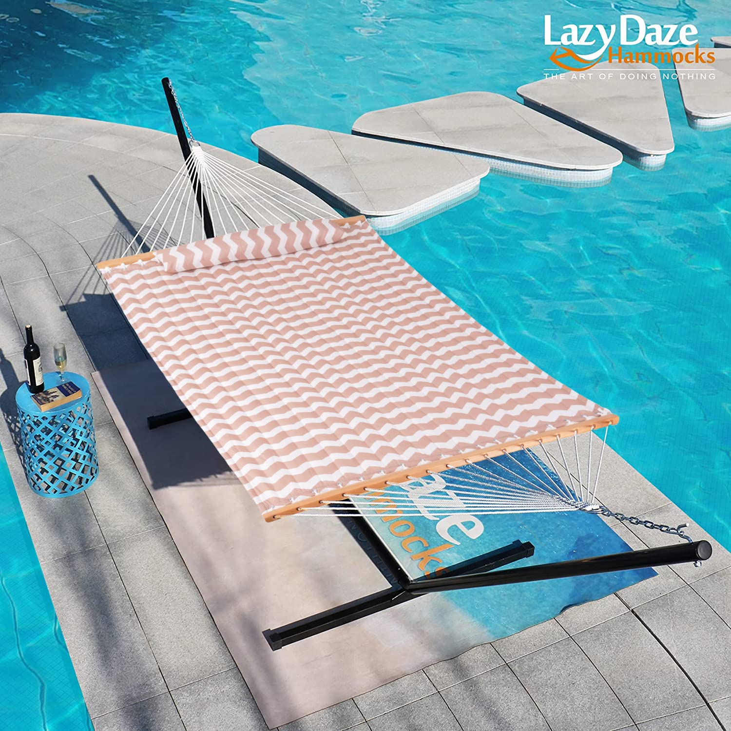 12 FT Quilted Double Hammock with Spreader Bar & Pillow - 2-Person Outdoor Hammock with Chains for Patio, Poolside, Backyard & Beach - 450 lbs Capacity Beige Wave - Perfect for Relaxing, Lounging & Napping in Your Garden or Vacation