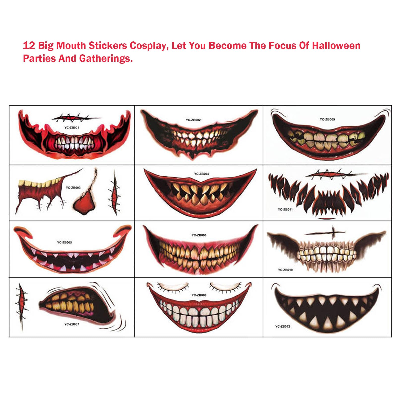 26pcs Halloween Big Mouth Fake Tattoos for Adults & Kids - Scary Prank Makeup Joker Temporary Tattoo Kit - Horror Clown Face Stickers for Halloween Parties, Cosplay & Costume Events