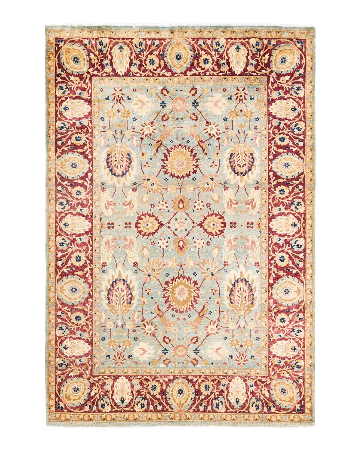 Handmade Wool Oriental Mughal Area Rug 6x9 Feet - Light Blue Traditional Hand-Knotted One-of-a-Kind Persian Rug for Living Room, Bedroom & Dining Room Decor