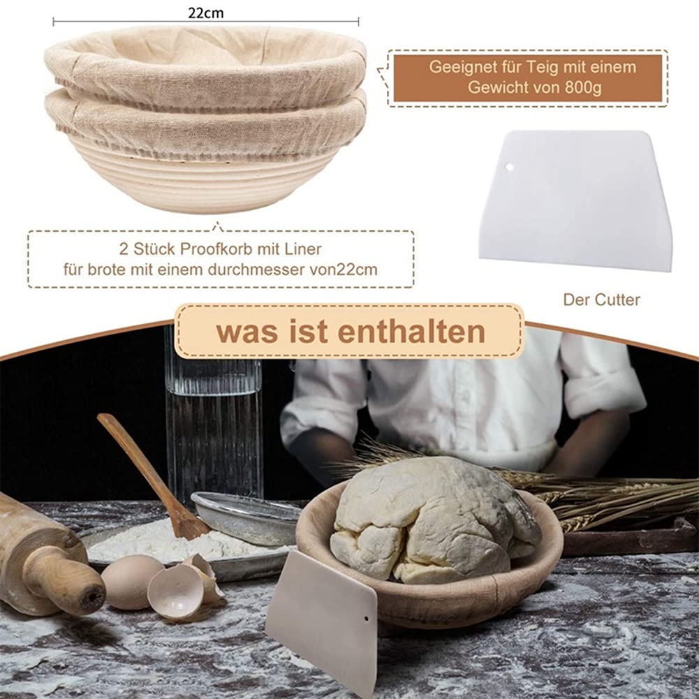 Round Banneton Proofing Basket Set with Linen Liners - 2 Bread Dough Rising Baskets & Dough Scraper for Artisan Sourdough Baking | Perfect for Home Bakers & Professional Bakeries