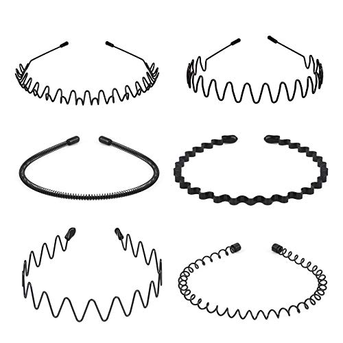 6PCS Metal Hair Bands - Spring Wavy Hair Hoops for Women & Men | Unisex Black Non-Slip Headbands for Sports, Workouts & Everyday Use | Slicked Back Wavy Headband for All Hair Types