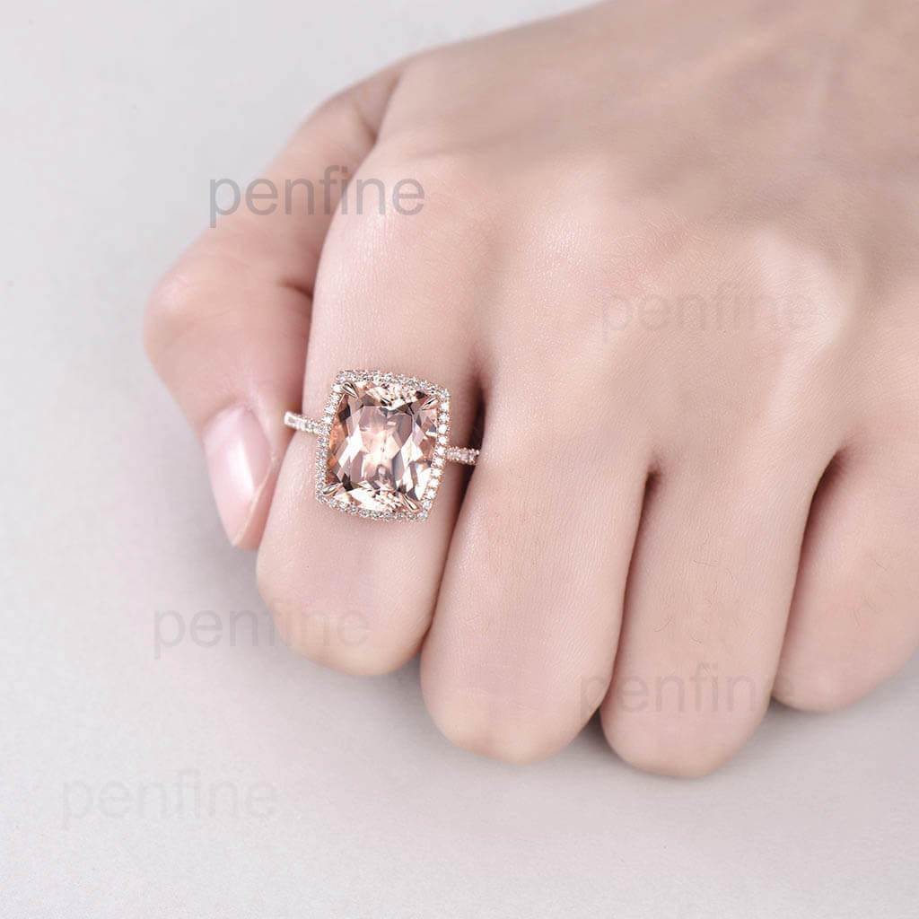10X12mm Cushion Morganite Diamond Engagement Ring in Rose Gold with Claw Prong Setting - Perfect for Proposals, Weddings & Anniversary Gifts