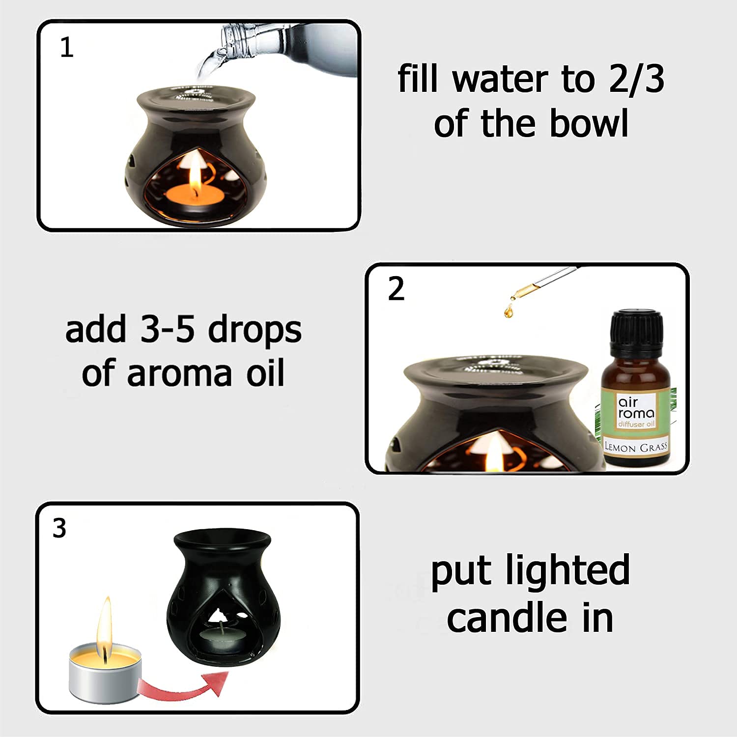 AIR-ROMA Ceramic Aroma Diffuser Burner with 10ml Lemongrass Essential Oil & 2 Candles - Strong Long-Lasting Fragrance for Home, Office, Spa & Yoga Room Relaxation