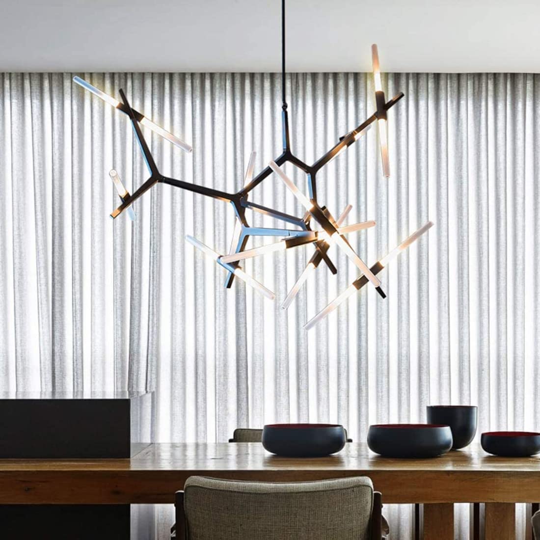 Modern Industrial LED Chandelier - 20-Light Black Metal & Glass Branch Pendant Lamp for Dining Room, Living Room - DIY Ceiling Fixture for Home Decor & Wedding Venues