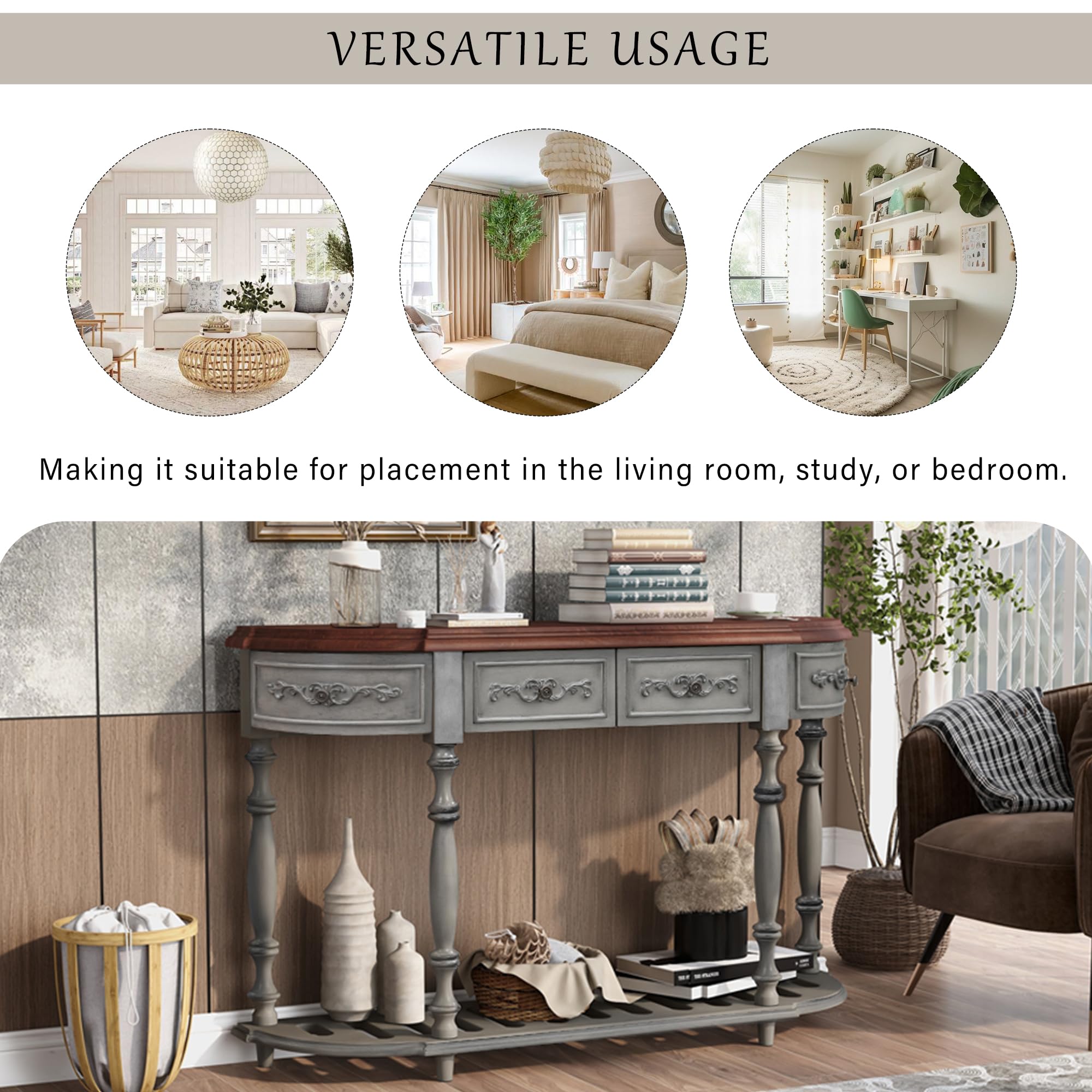 P PURLOVE Curved Console Table with 4 Drawers - Retro Solid Wood Sofa Table with Sturdy Frame & Legs - Half Moon Entryway Table for Living Room, Kitchen, Hallway - Antique Gray Finish - Perfect for Small Spaces & Home Decor