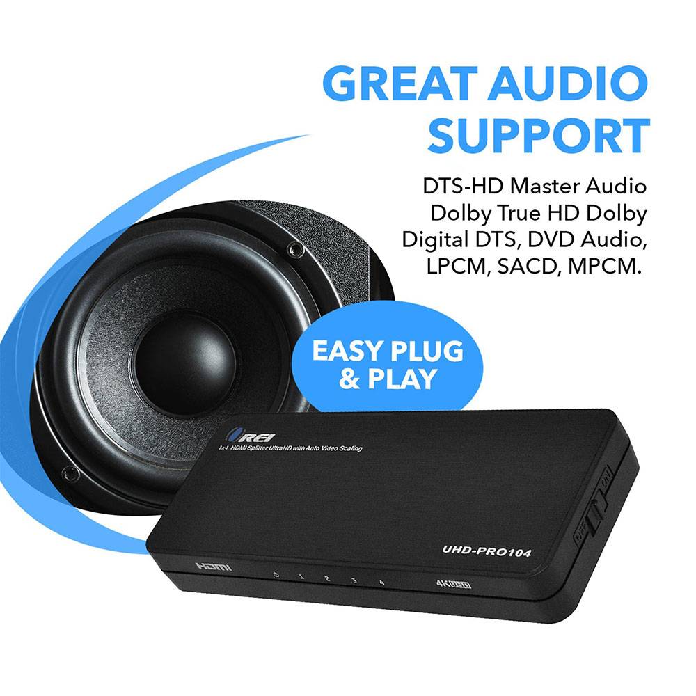 1x4 HDMI Splitter 4K Ultra HD 1 Input 4 Output with Auto Downscale & EDID - Perfect for Home Theater, Gaming & Multi-Screen Presentations (UHD PRO104)