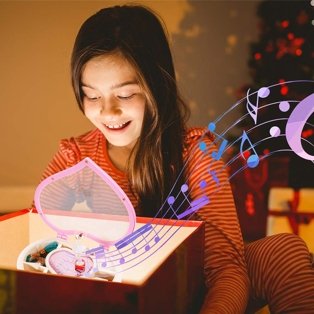 Rainbow Heart Musical Jewelry Box with Dancing Girl - Pink Arrow Design Jewelry Storage Box | Perfect Christmas Gift for Her, Birthday Present, Girls Room Decor