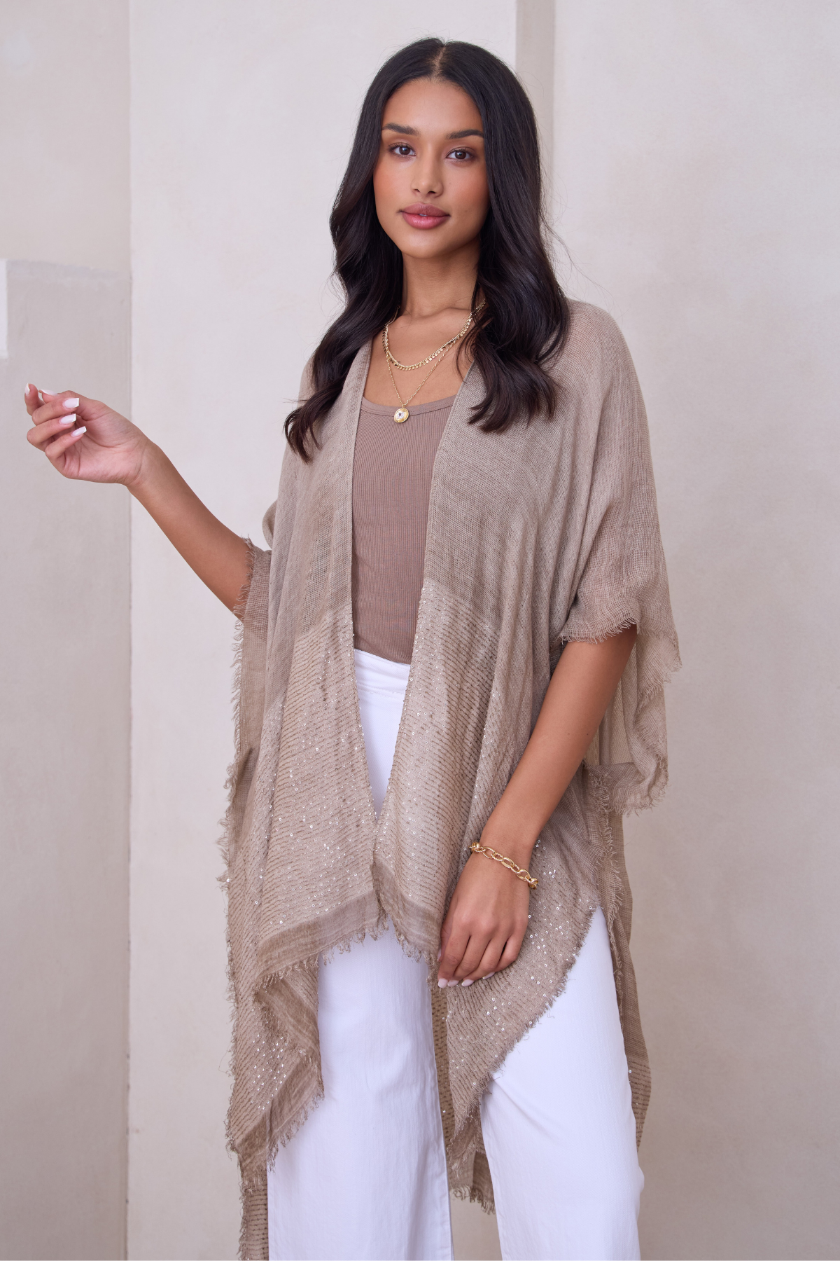 Elegant Fringed Sequin Kimono Robe - Women's Boho Chic Cover Up for Beach, Pool Party & Evening Wear