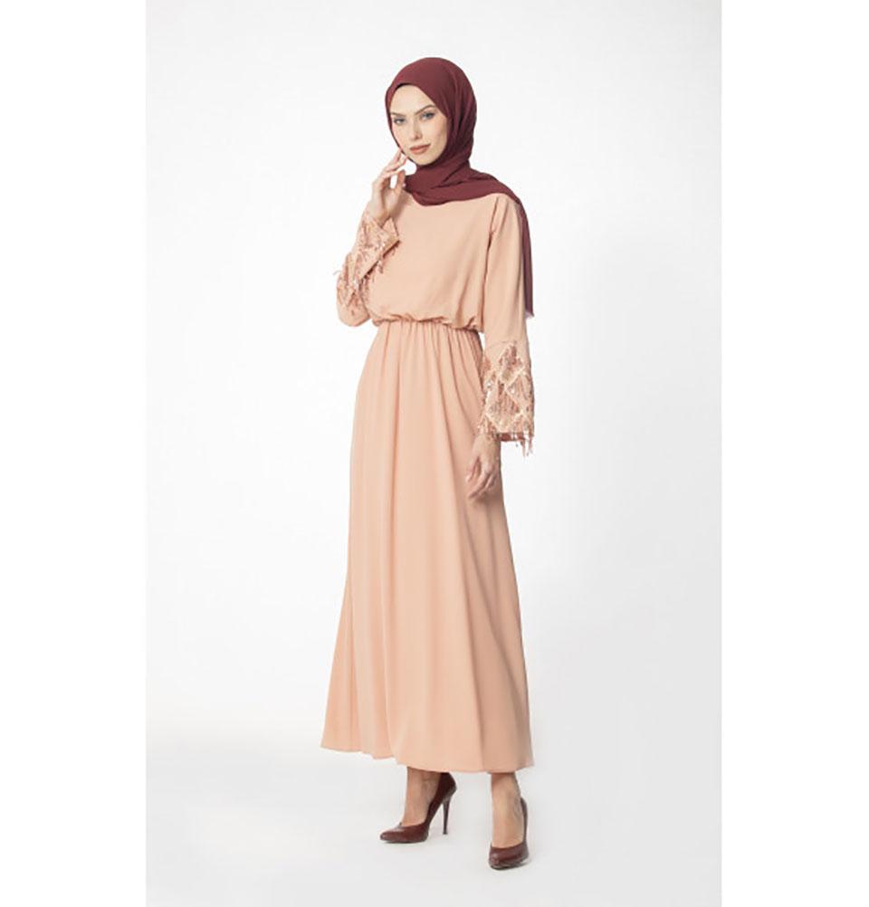 Elegant Abaci Modest Sequined Cocktail Dress 12956 in Salmon Pink - Perfect for Evening Parties, Weddings & Special Occasions